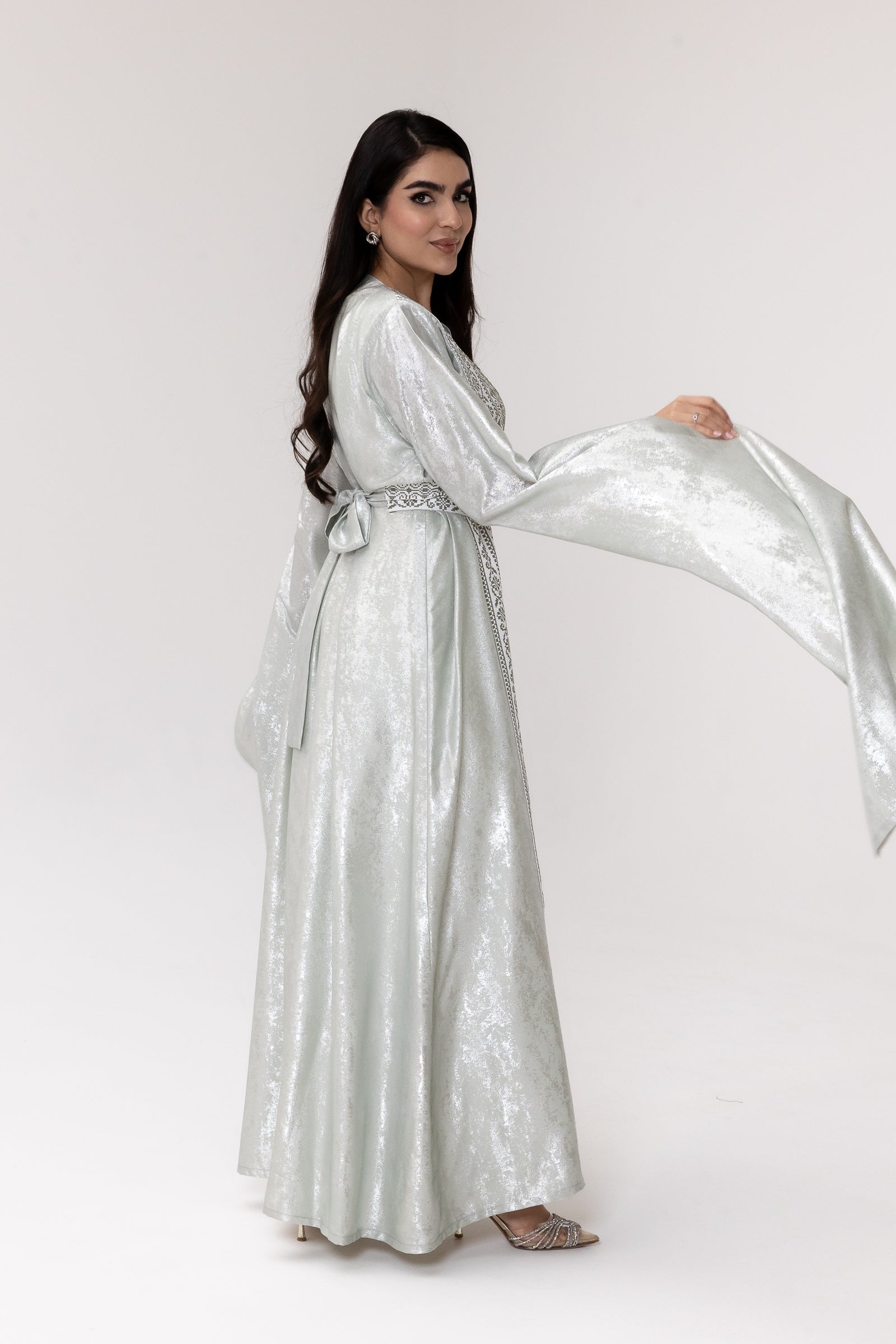 Silver Embroidered Wrap Abaya