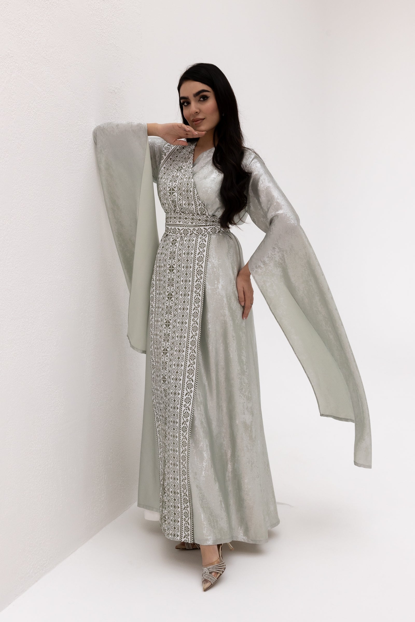 Silver Embroidered Wrap Abaya