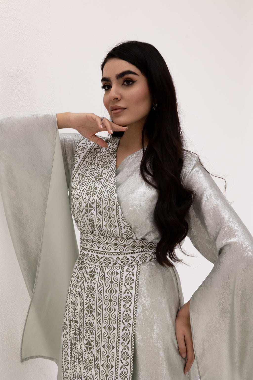 Silver Embroidered Wrap Abaya