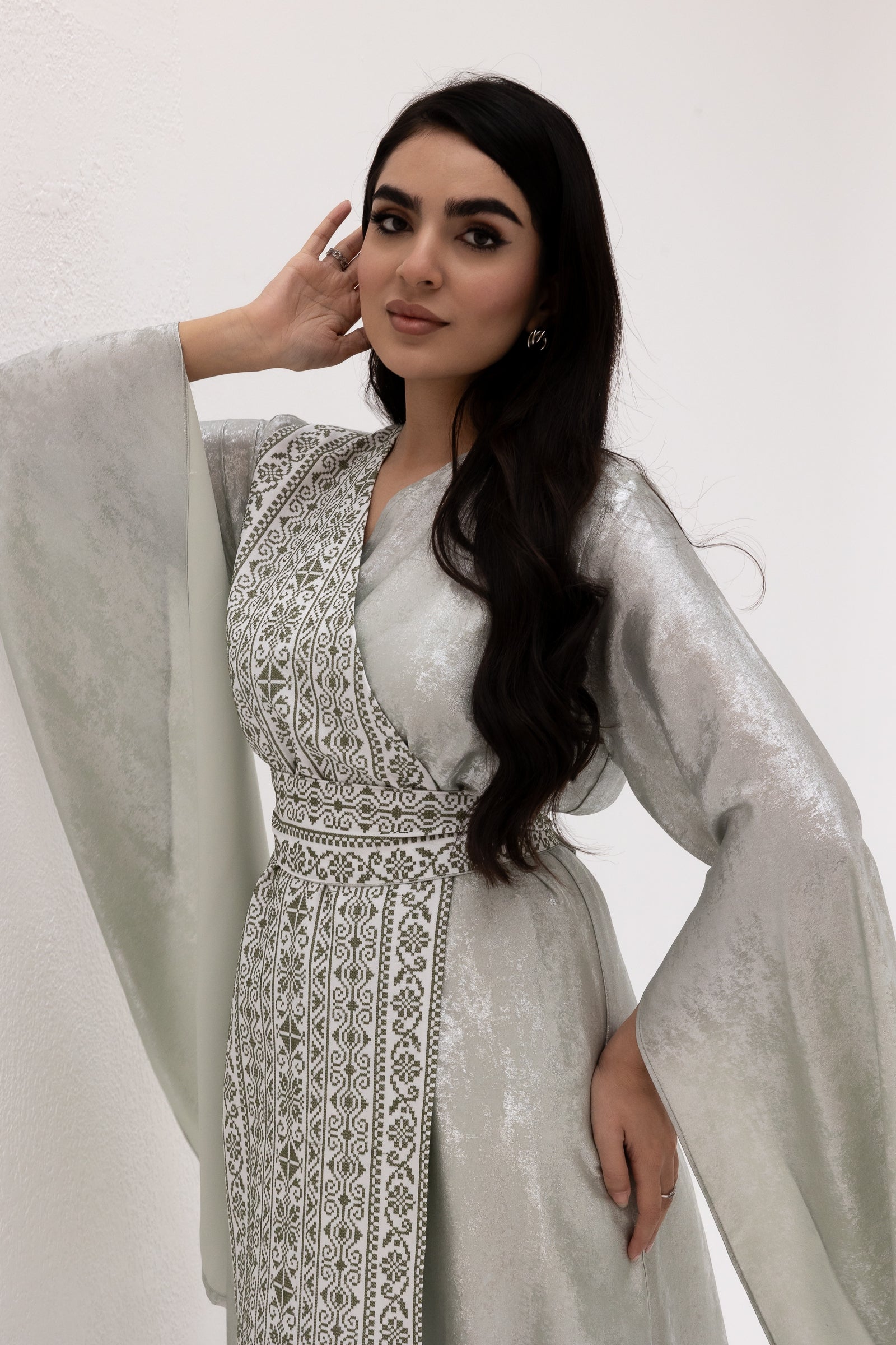 Silver Embroidered Wrap Abaya