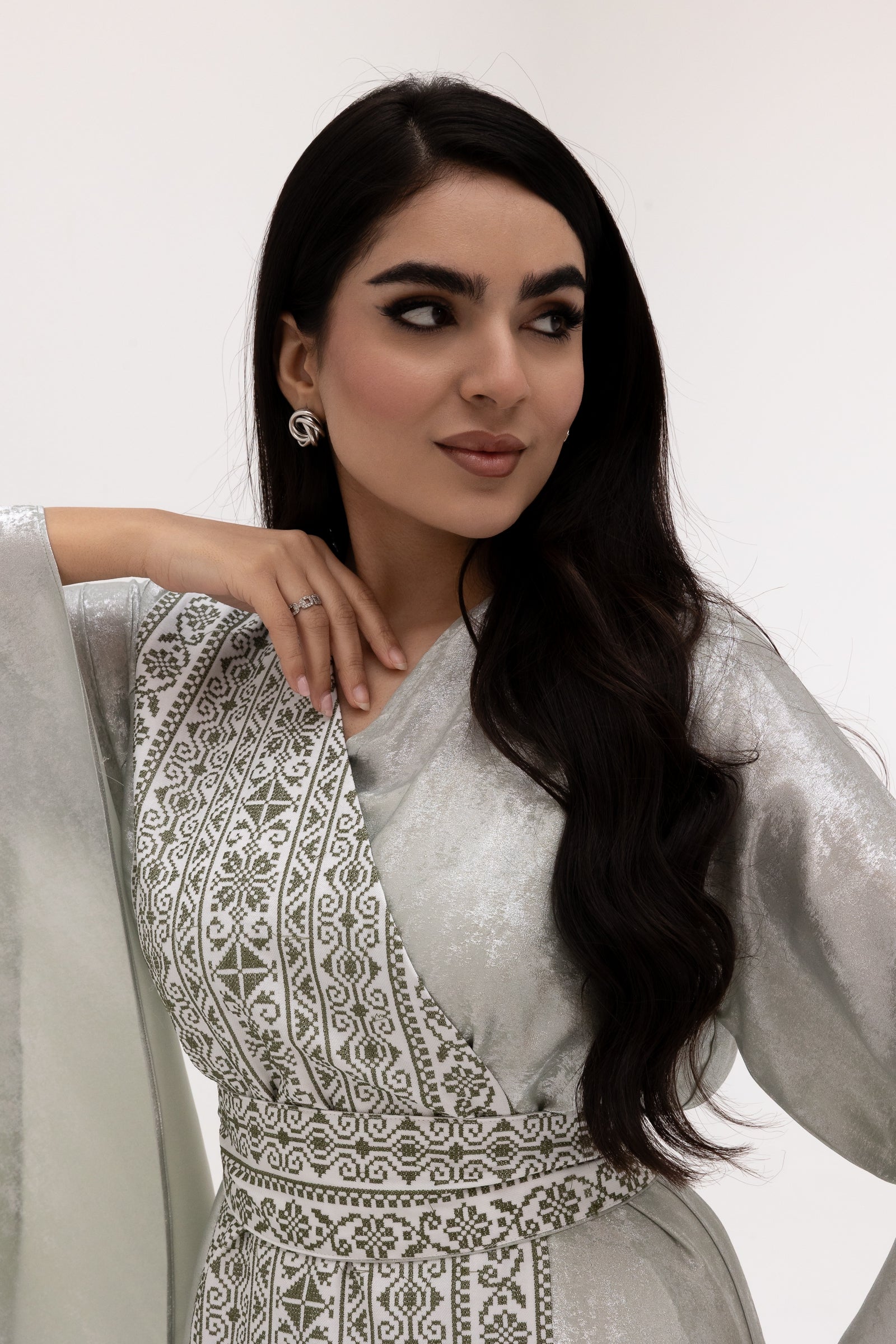 Silver Embroidered Wrap Abaya