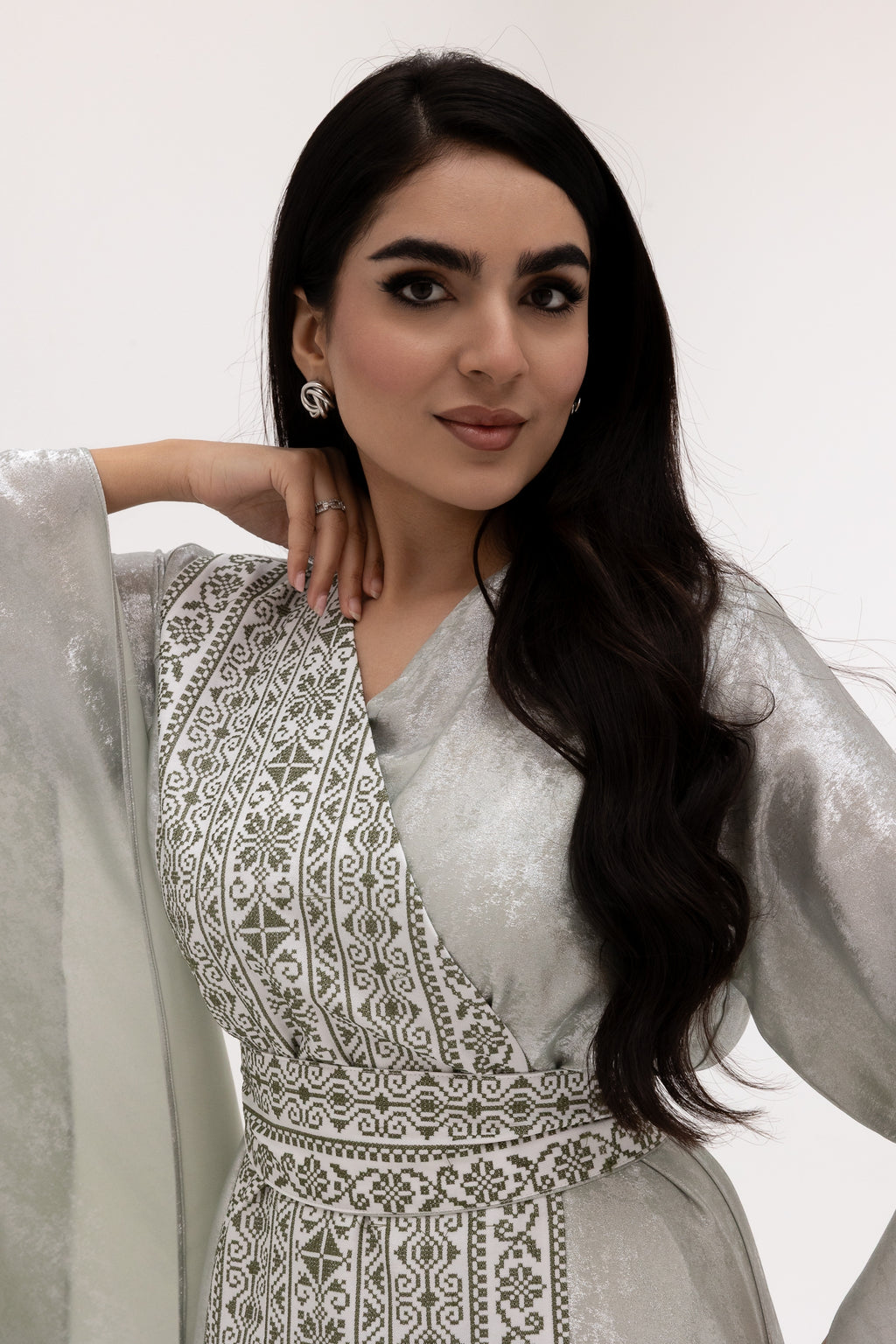 Silver Embroidered Wrap Abaya