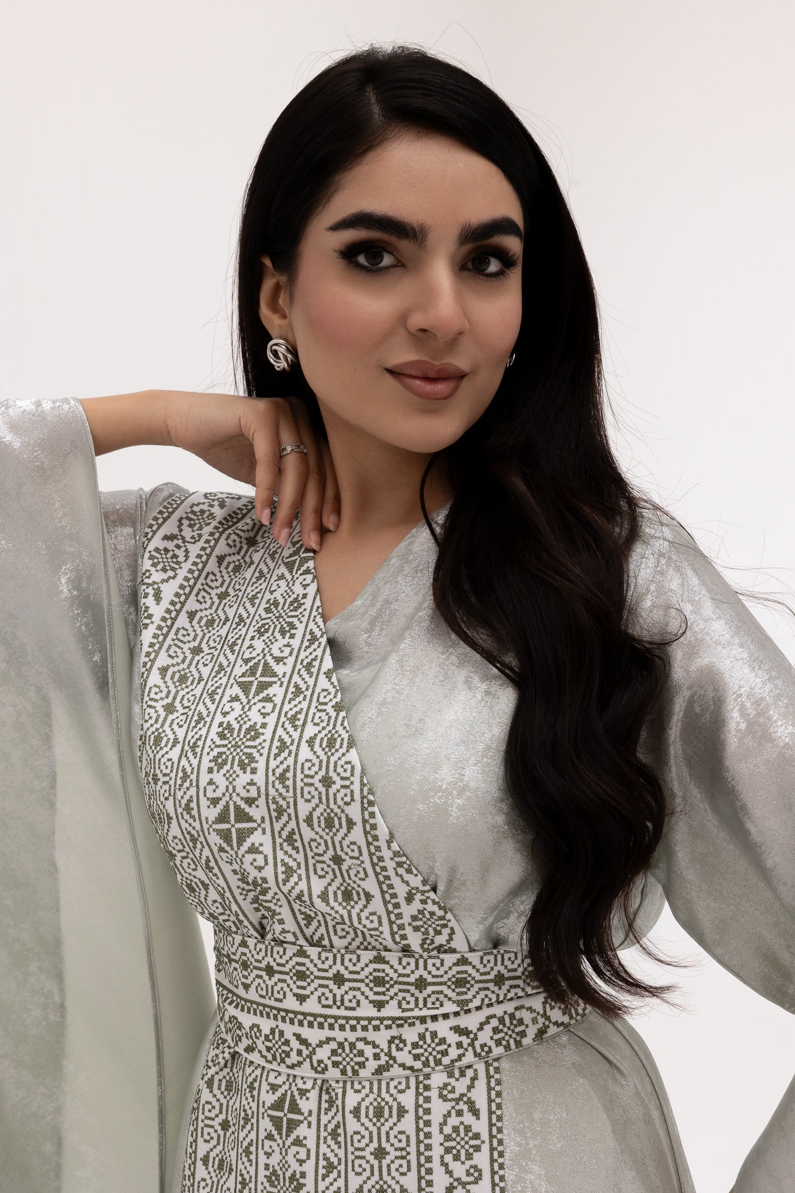 Silver Embroidered Wrap Abaya