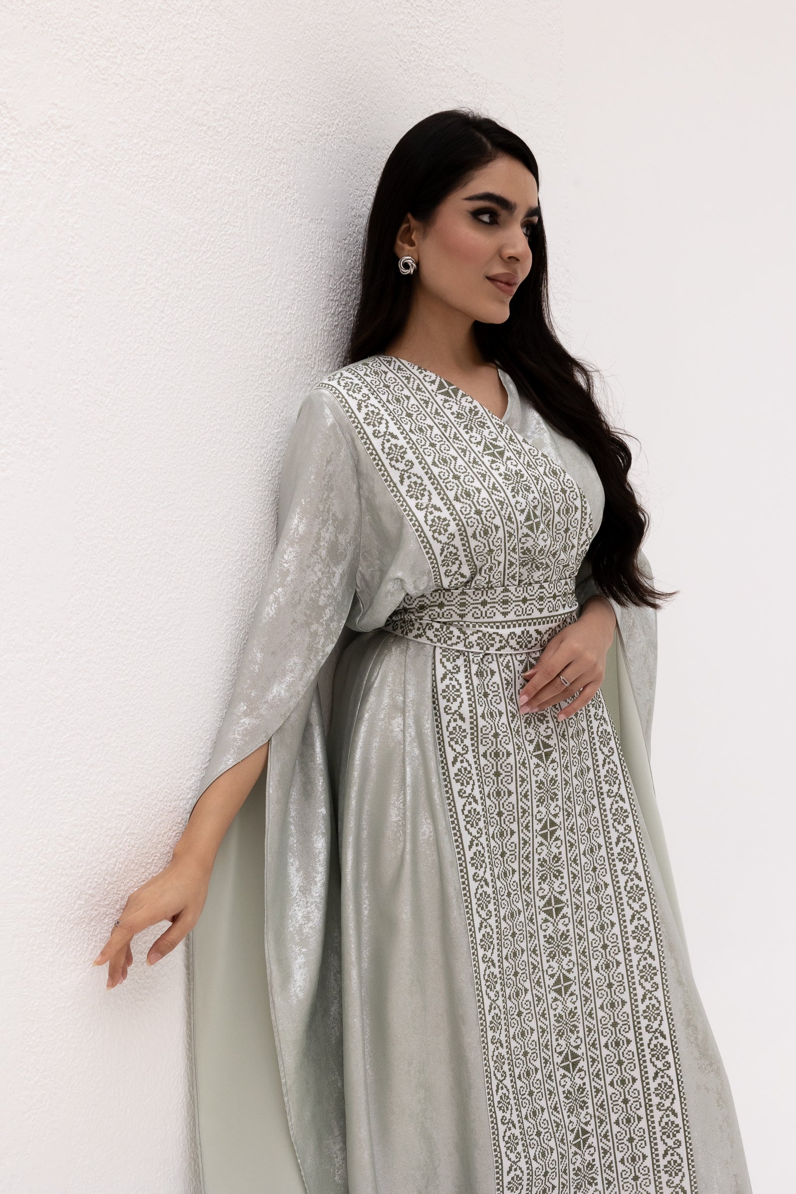 Silver Embroidered Wrap Abaya