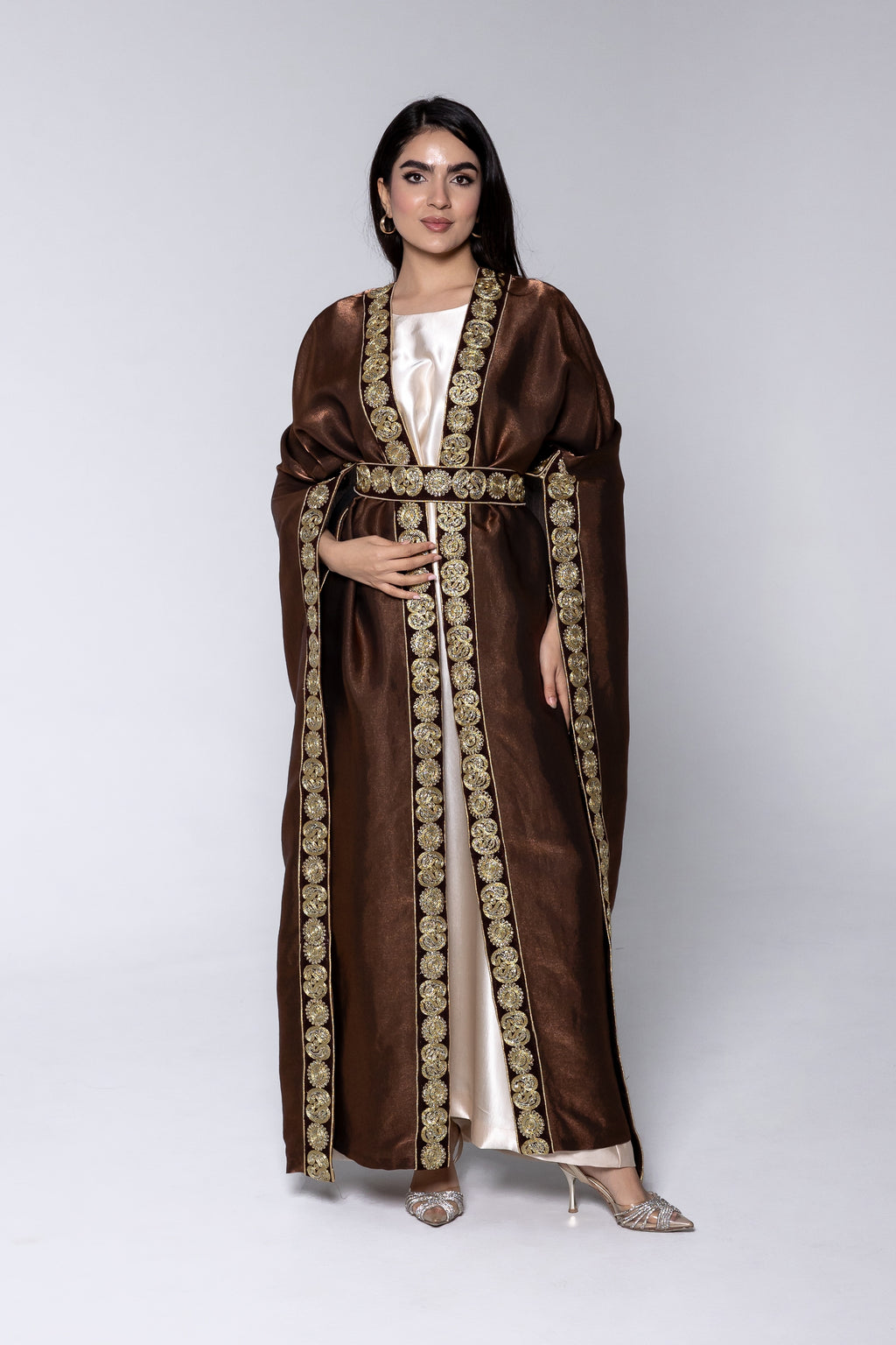 Brown Satin Kaftan With Embroidery