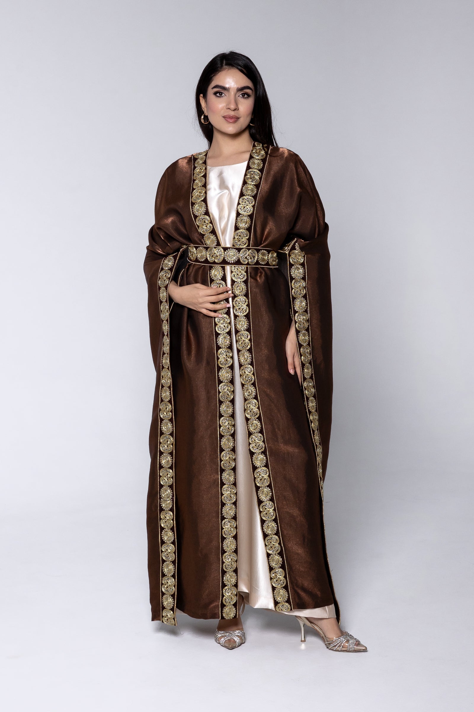 Brown Satin Kaftan With Embroidery