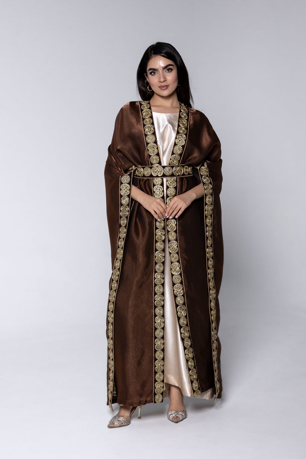 Brown Satin Kaftan With Embroidery