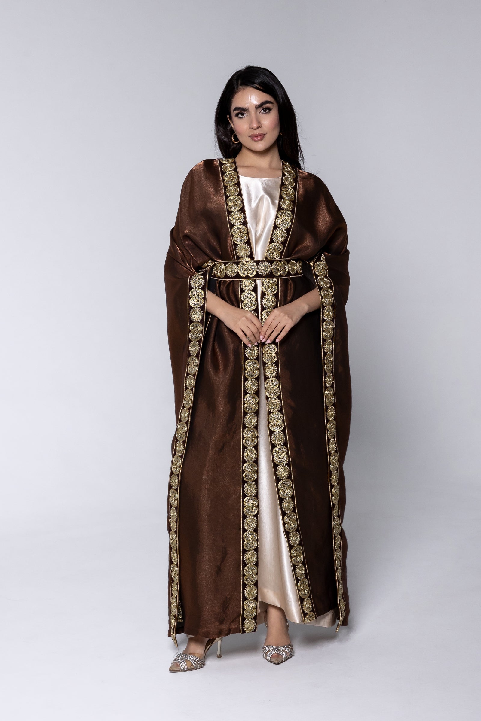 Brown Satin Kaftan With Embroidery
