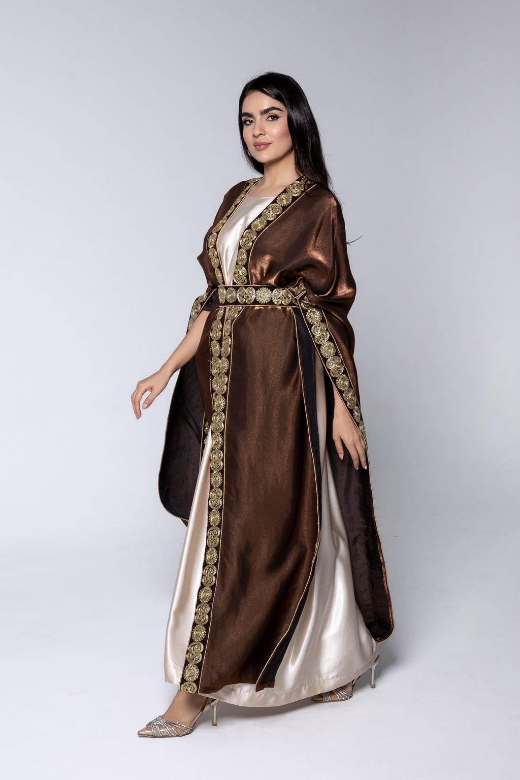 Brown Satin Kaftan With Embroidery