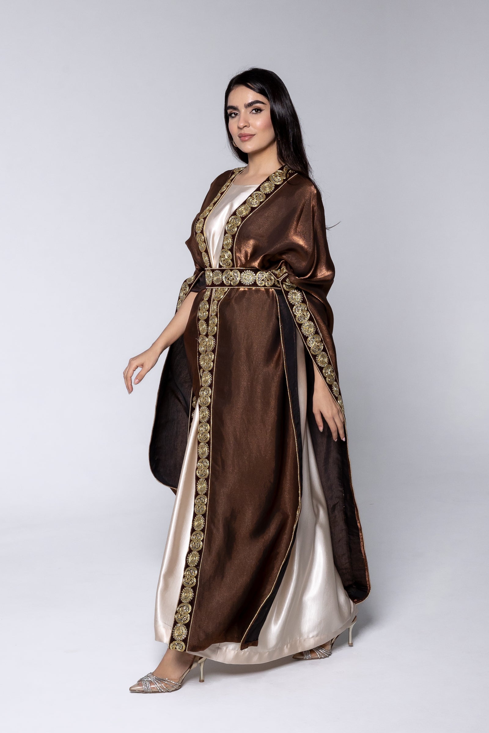Brown Satin Kaftan With Embroidery