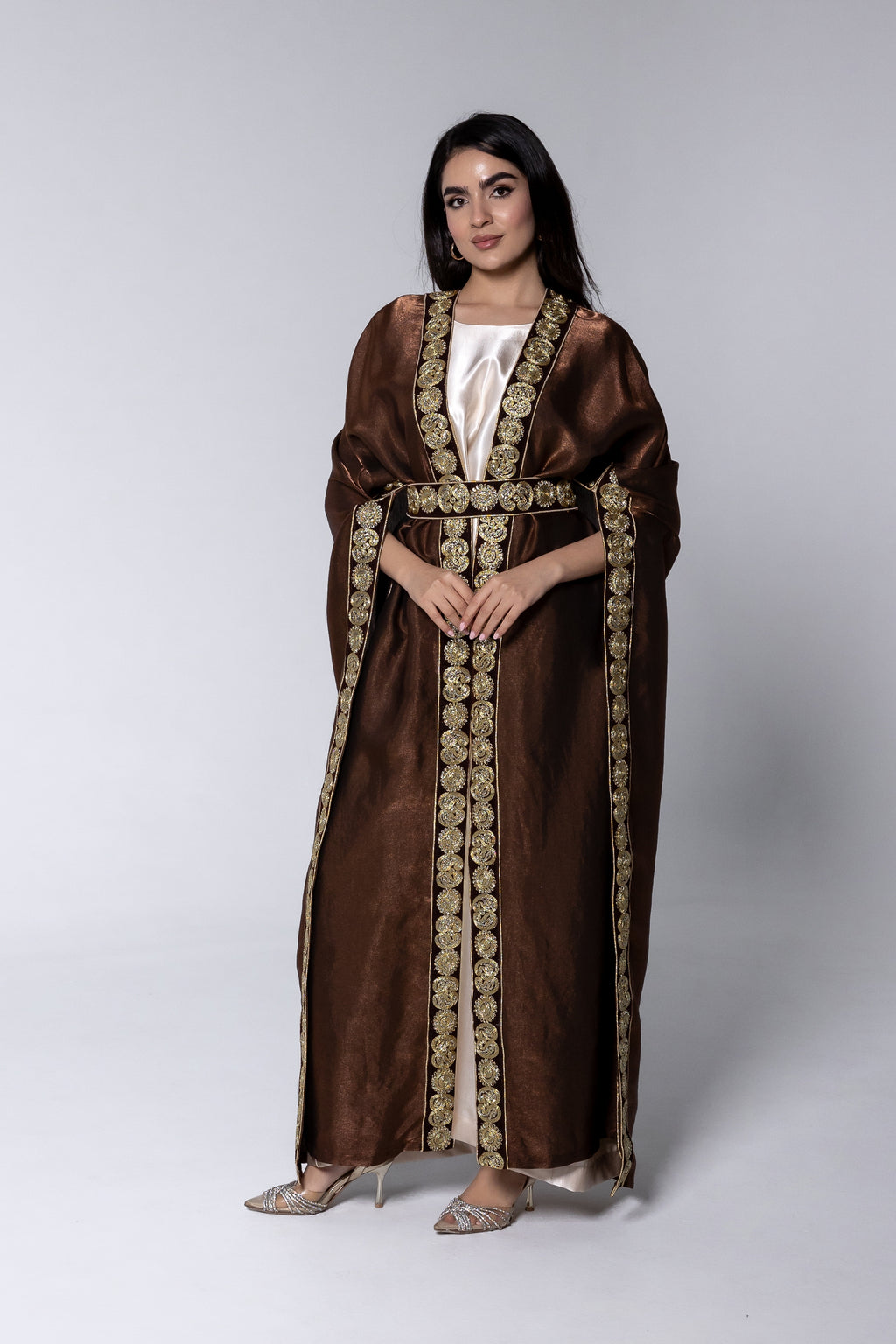 Brown Satin Kaftan With Embroidery