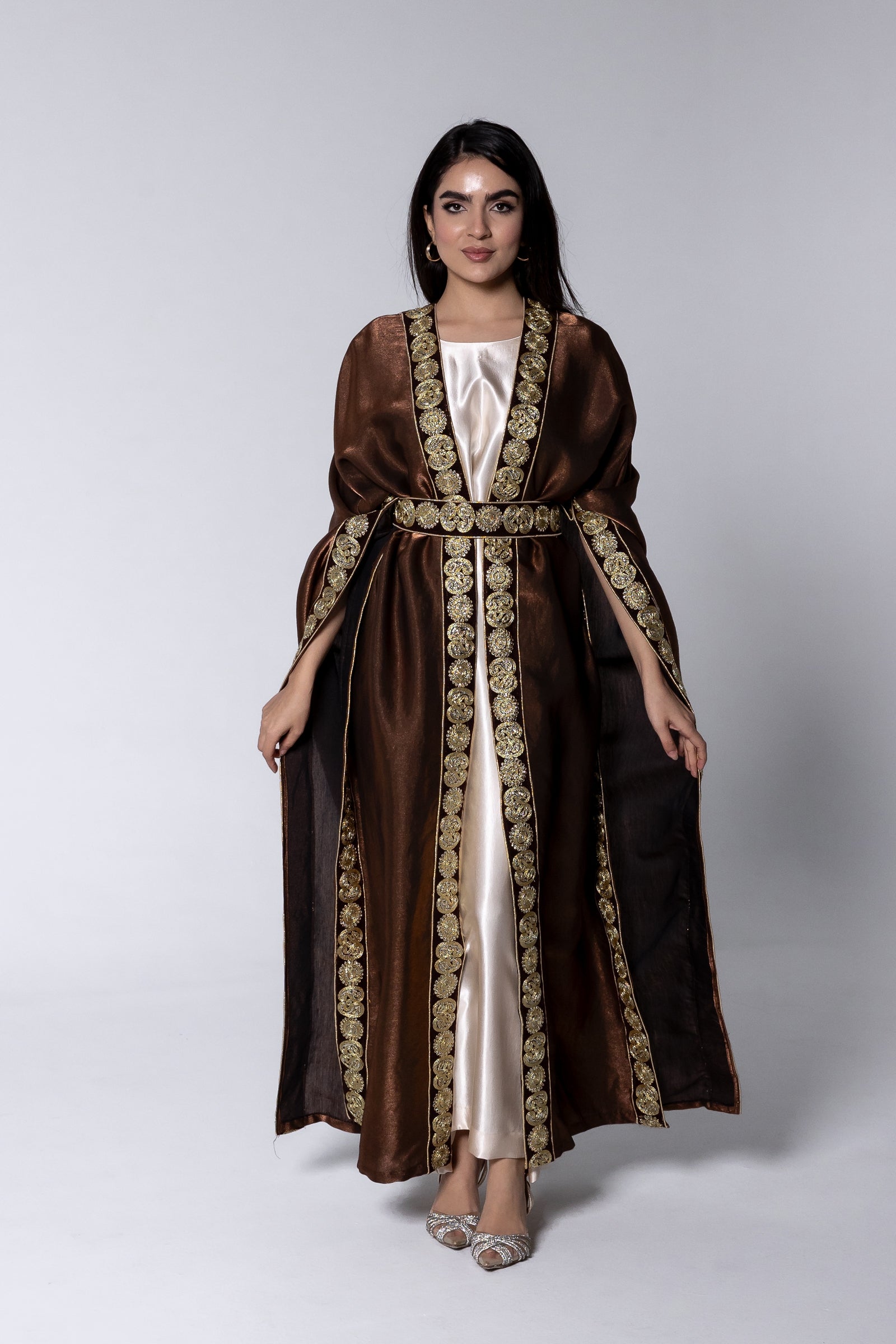 Brown Satin Kaftan With Embroidery