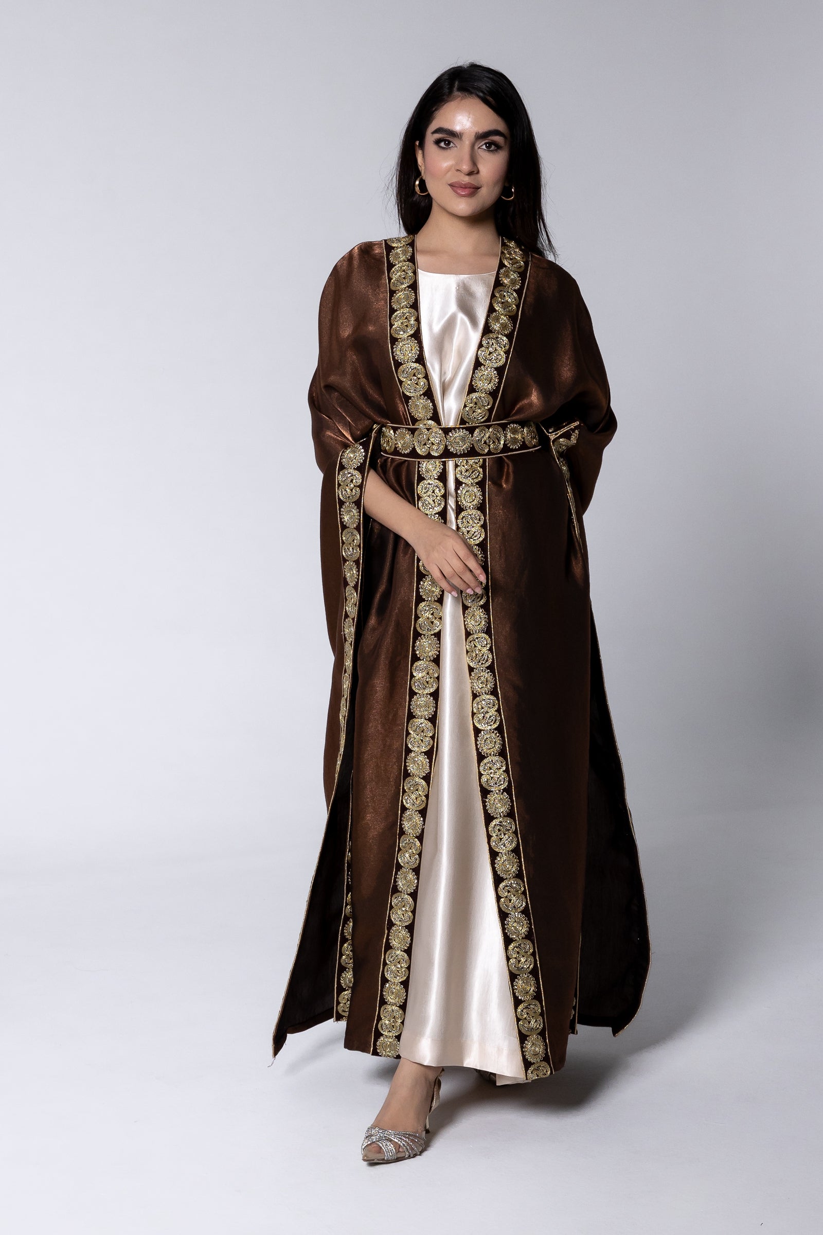 Brown Satin Kaftan With Embroidery