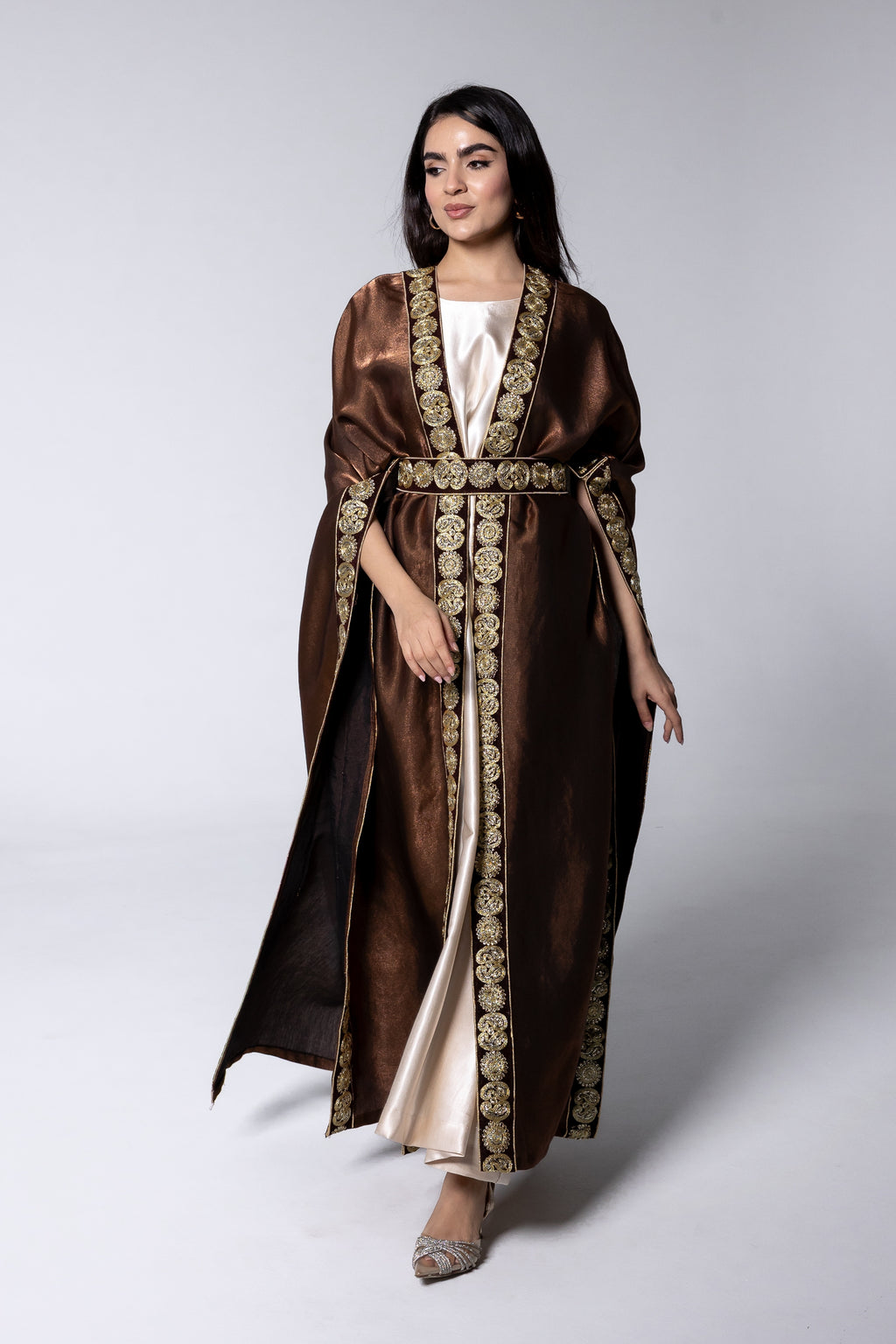 Brown Satin Kaftan With Embroidery