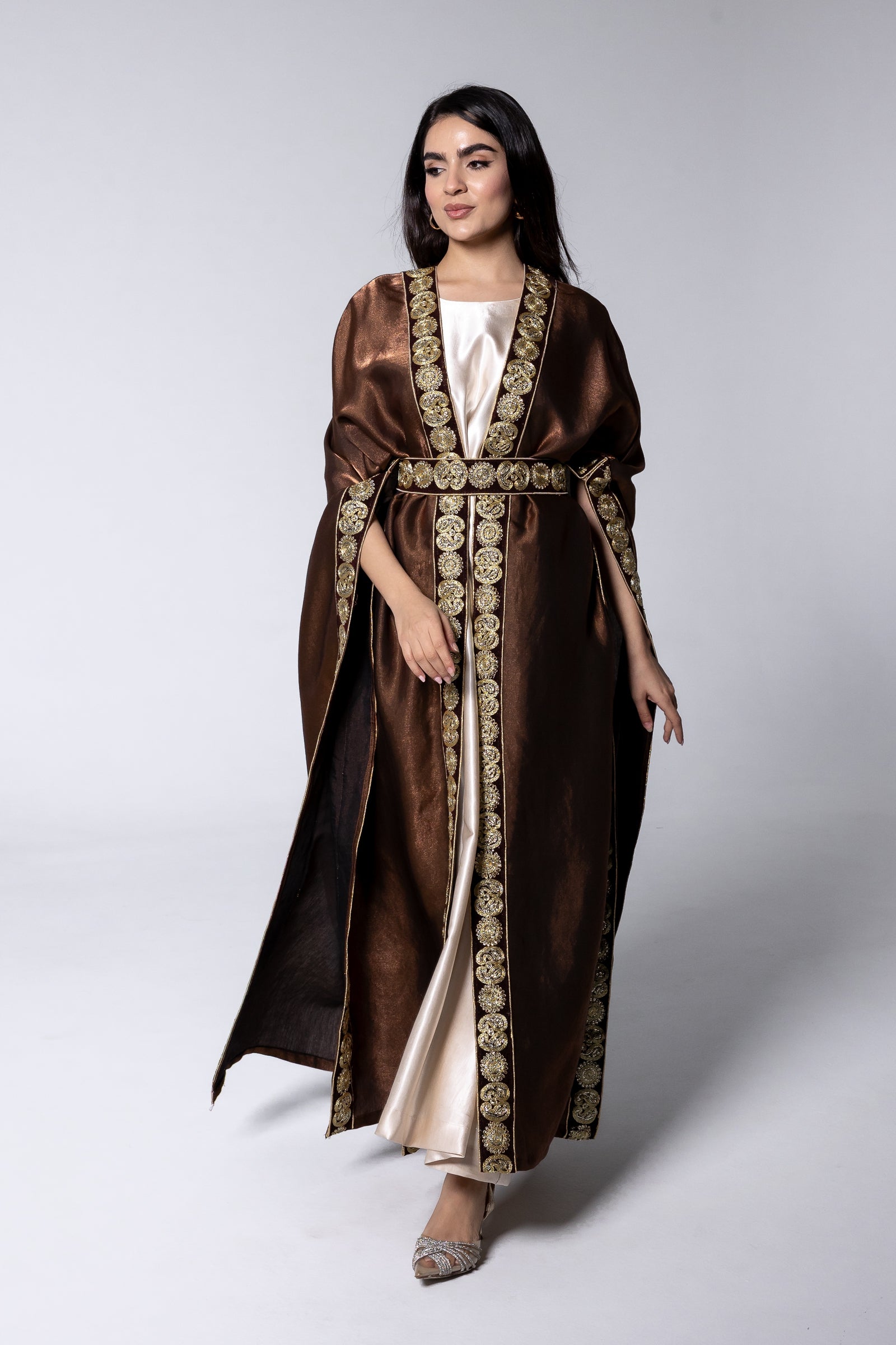 Brown Satin Kaftan With Embroidery