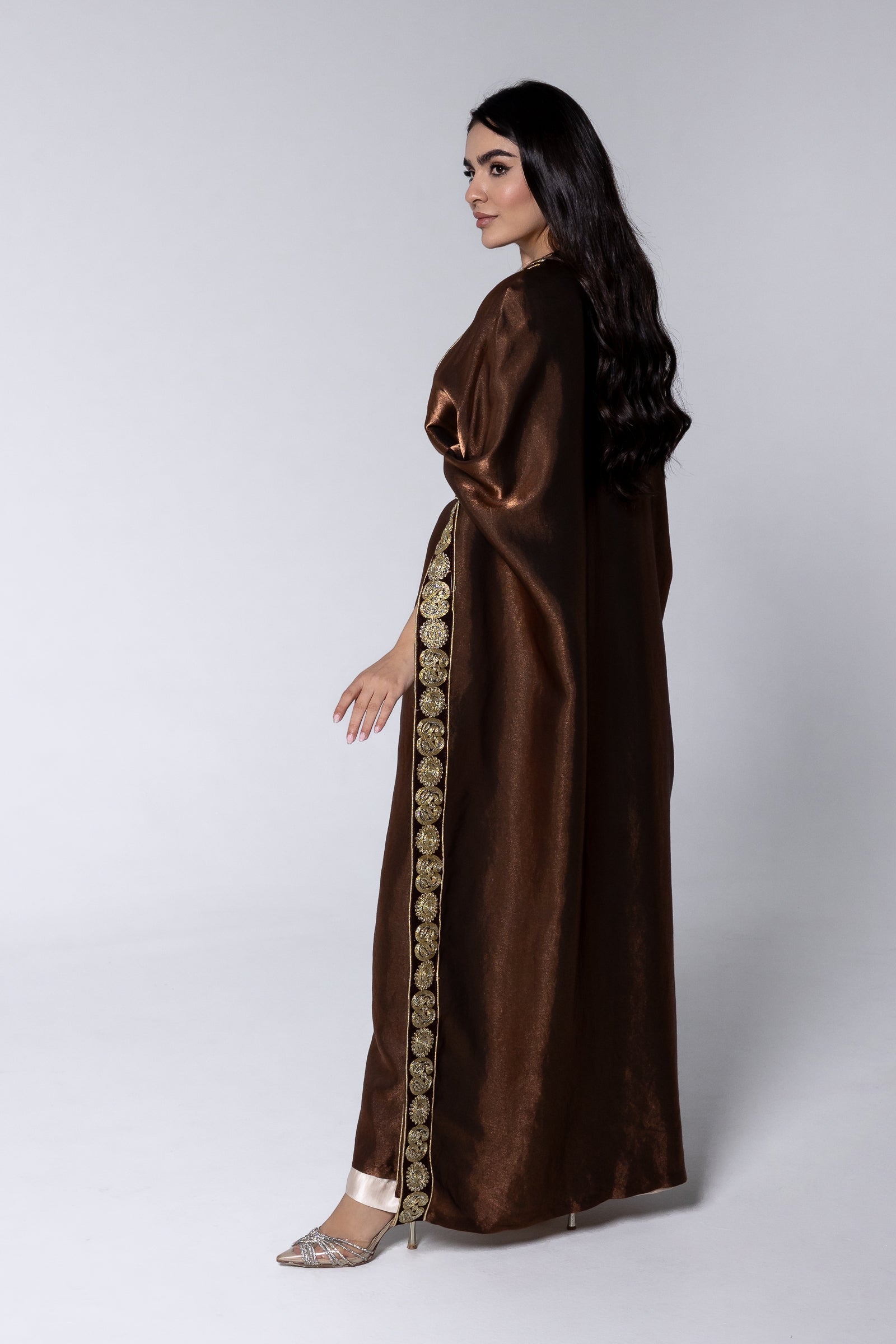 Brown Satin Kaftan With Embroidery