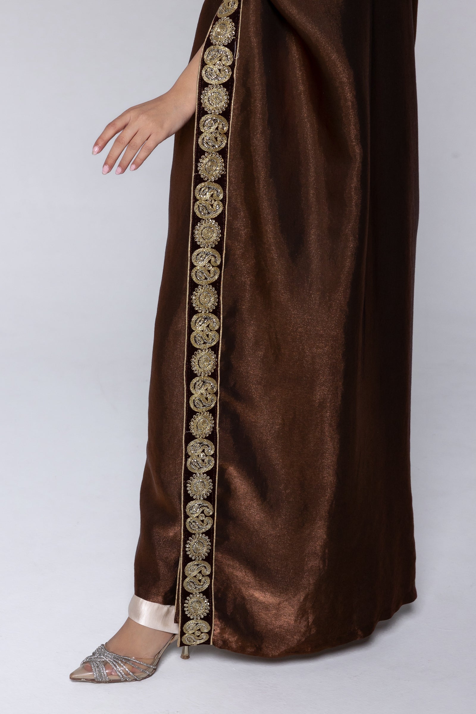 Brown Satin Kaftan With Embroidery