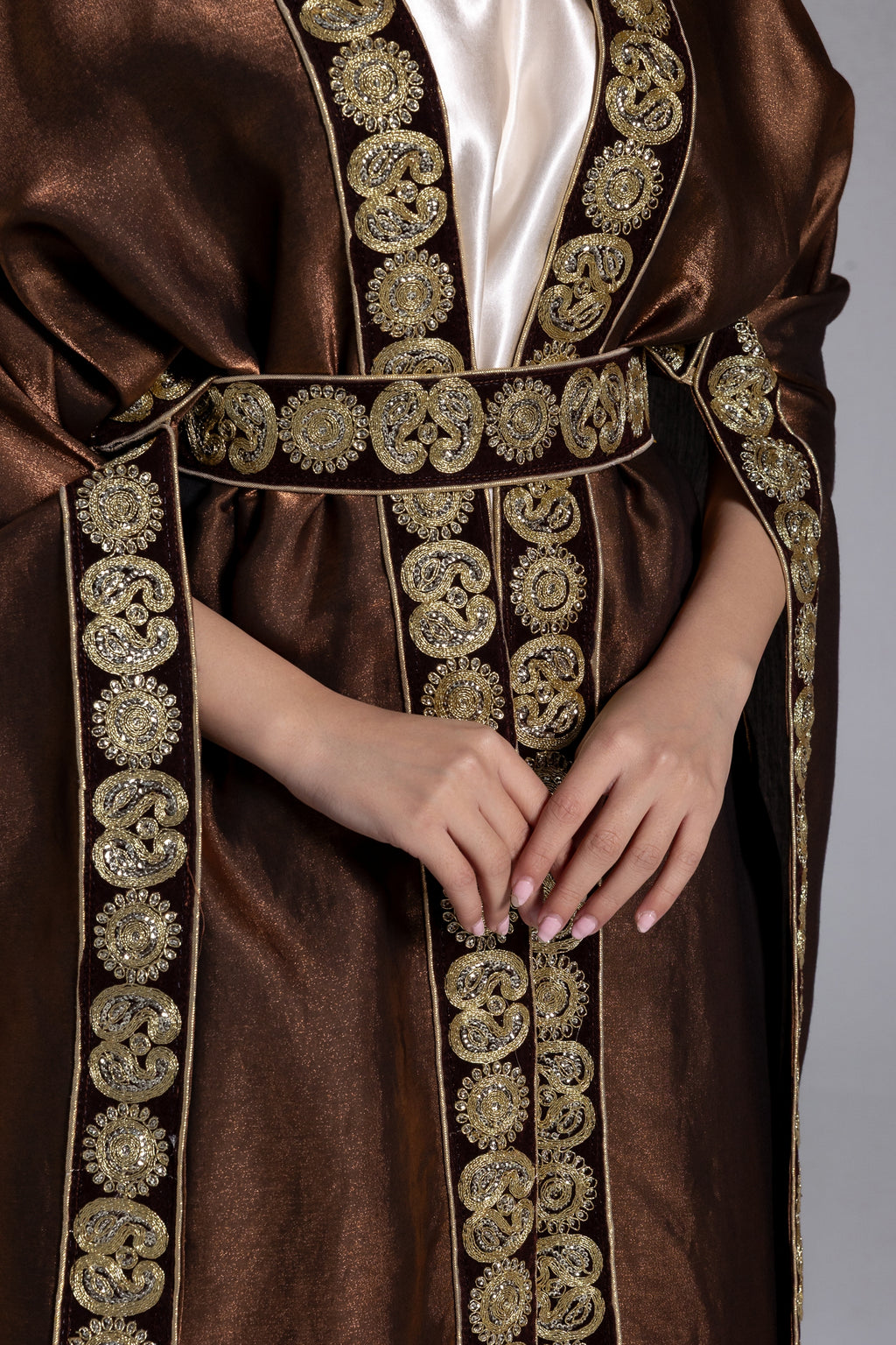 Brown Satin Kaftan With Embroidery