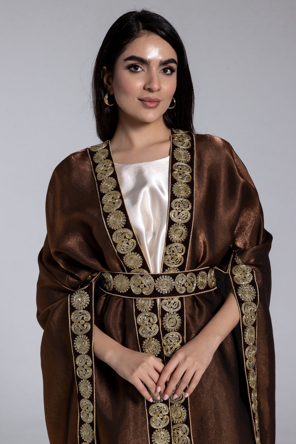 Brown Satin Kaftan With Embroidery