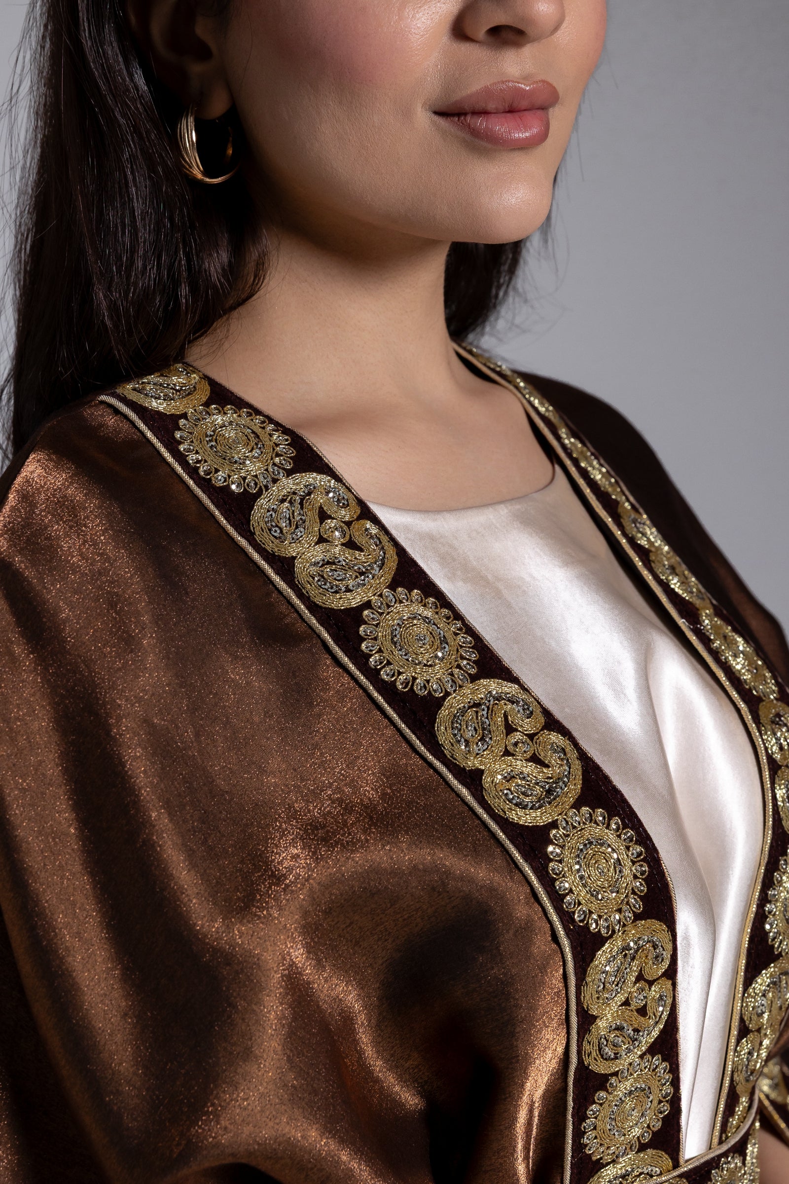 Brown Satin Kaftan With Embroidery
