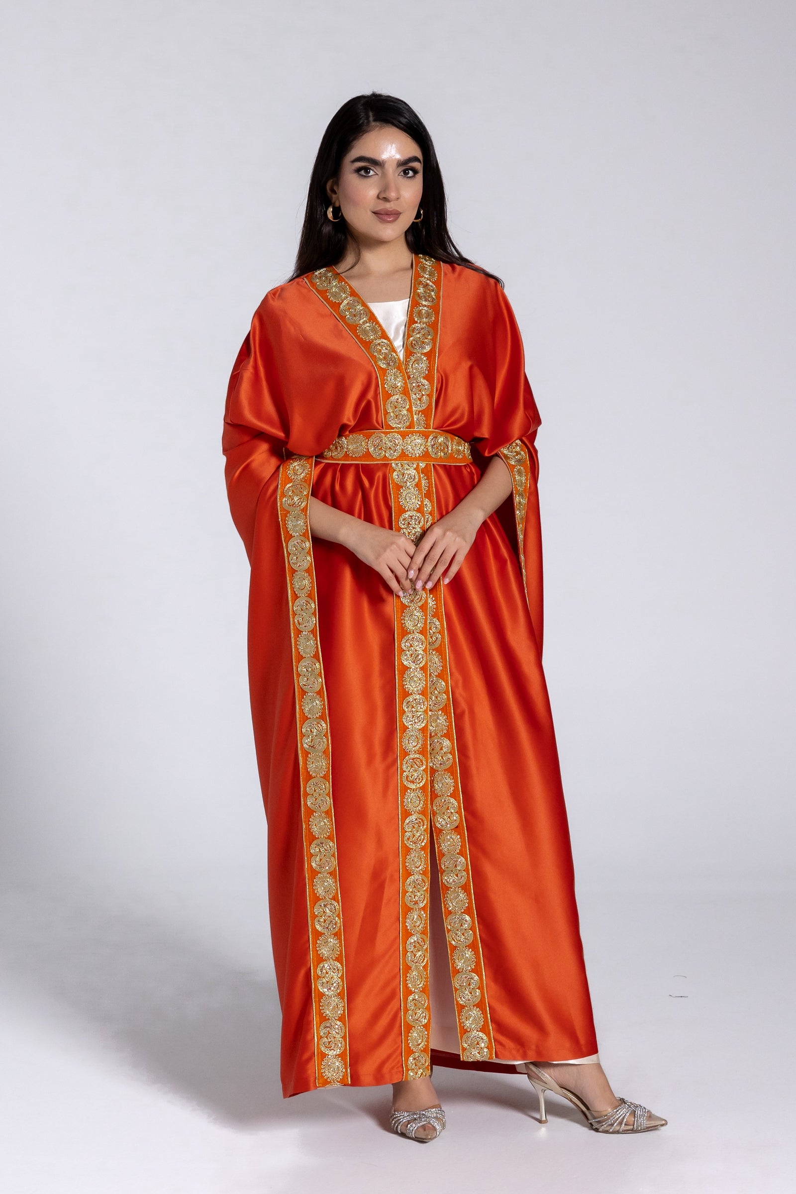 Orange Satin Kaftan With Embroidery