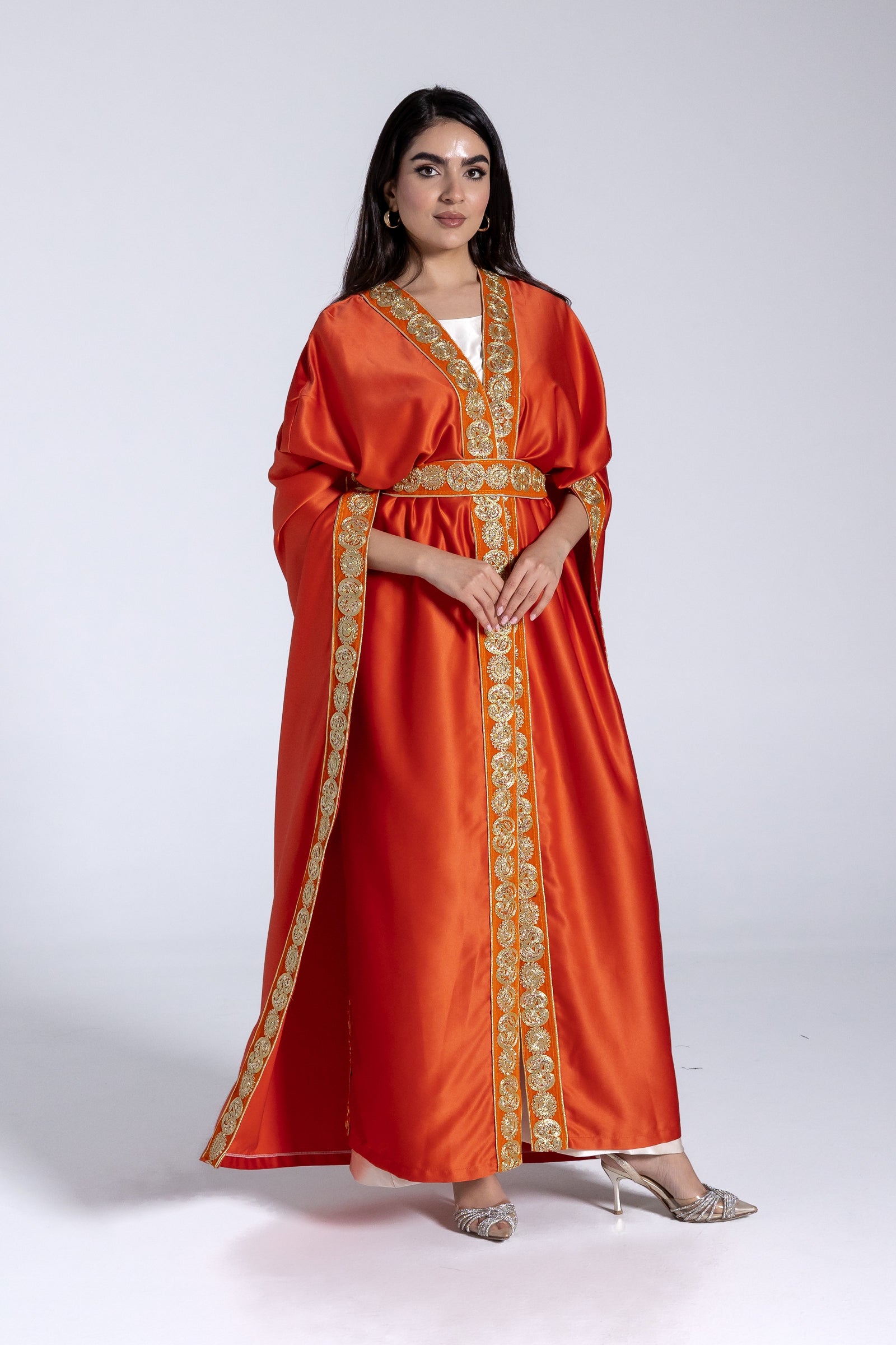 Orange Satin Kaftan With Embroidery