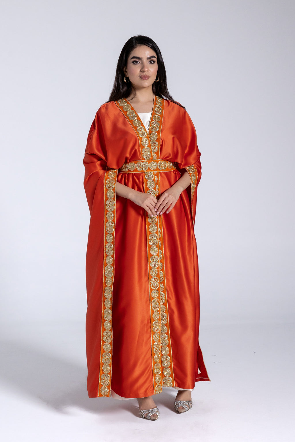Orange Satin Kaftan With Embroidery