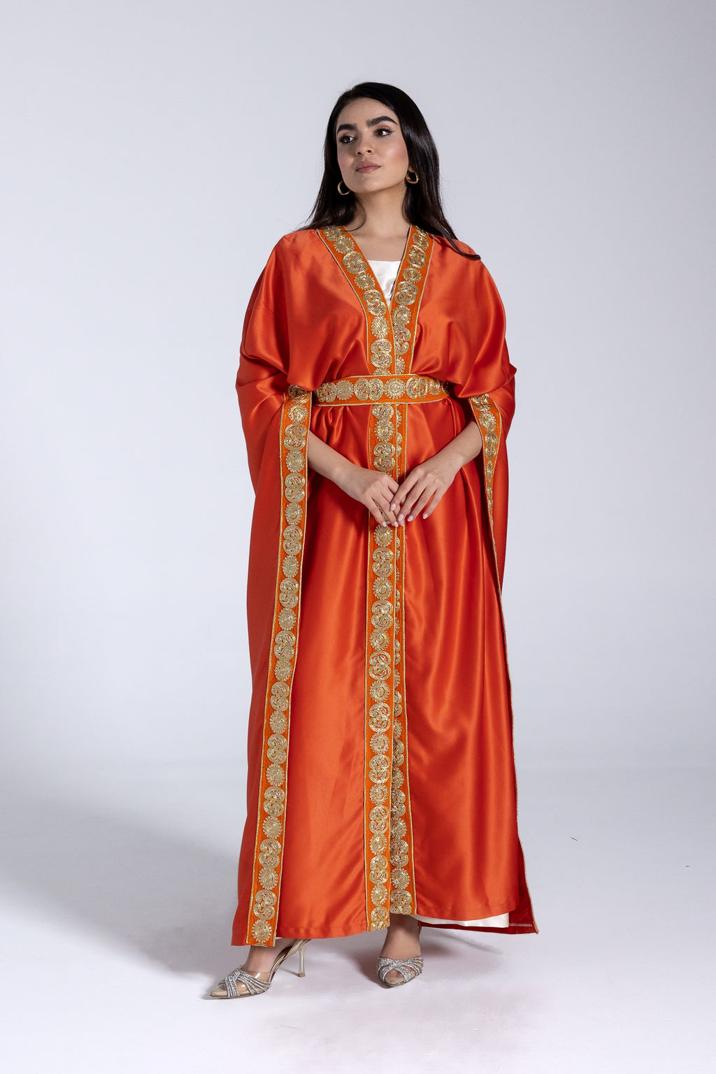 Orange Satin Kaftan With Embroidery