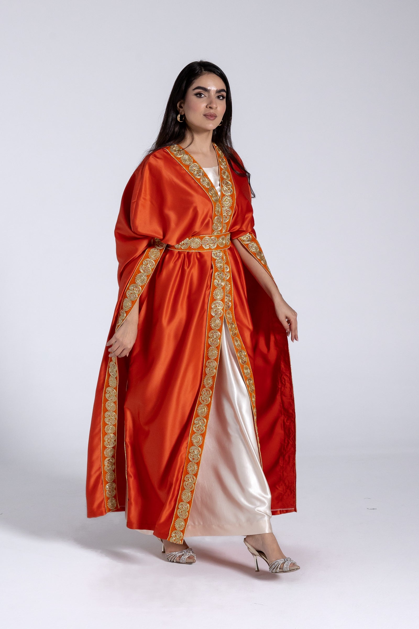 Orange Satin Kaftan With Embroidery