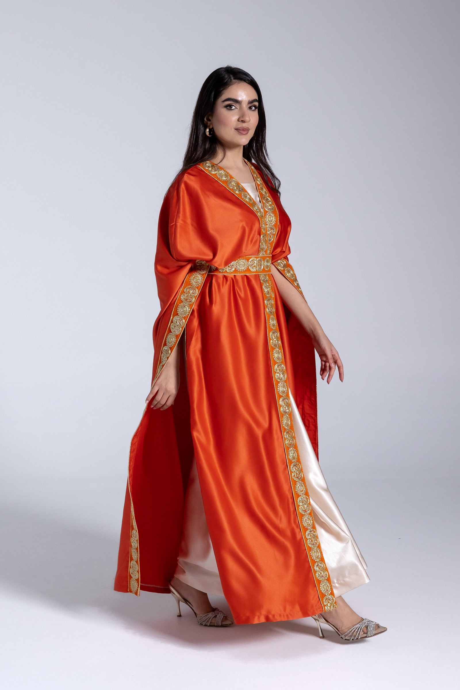 Orange Satin Kaftan With Embroidery