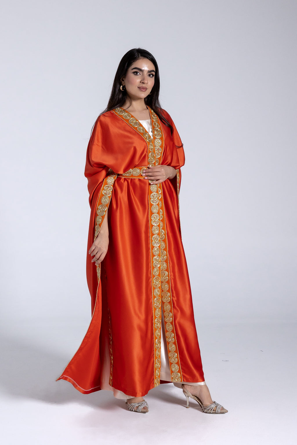 Orange Satin Kaftan With Embroidery