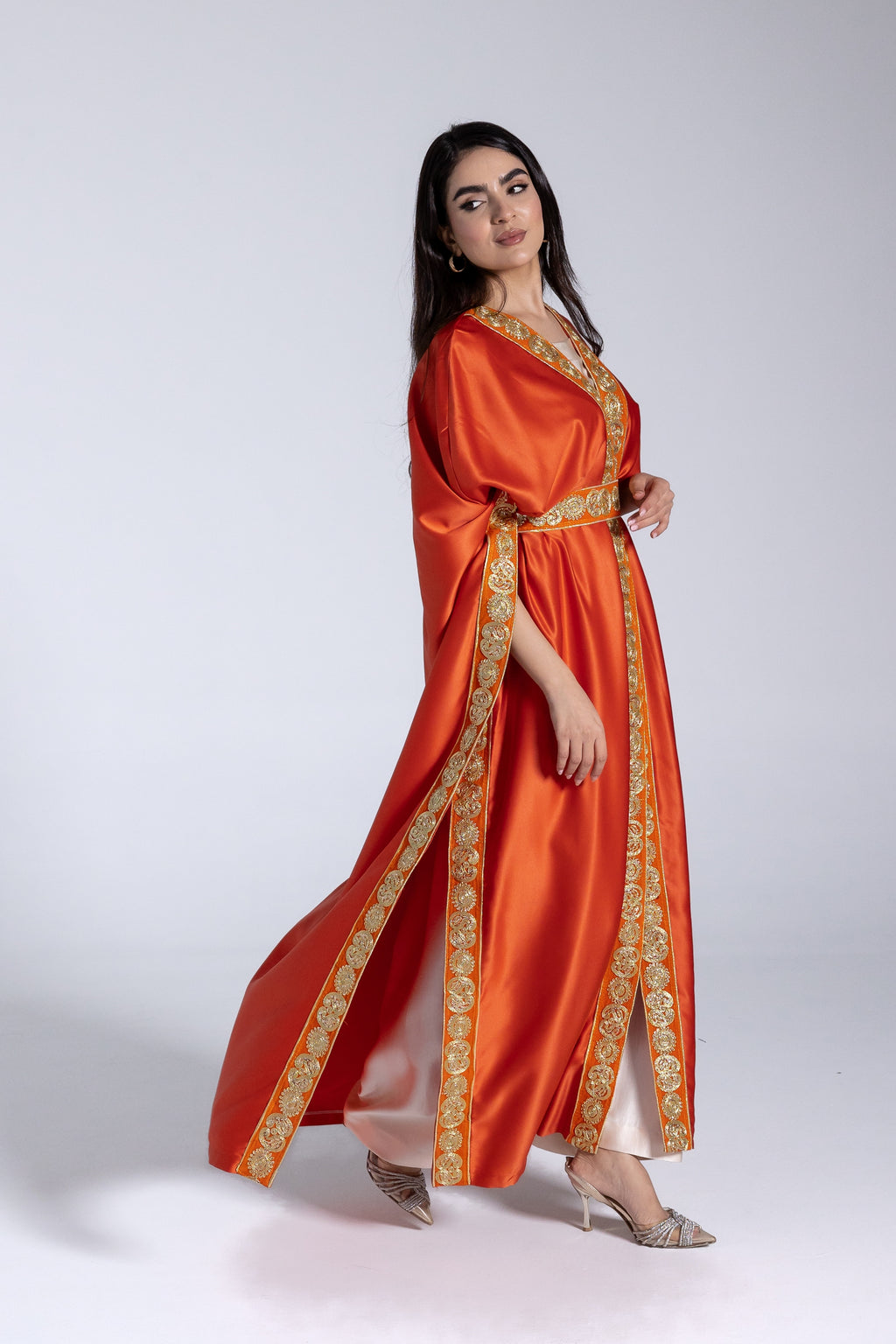 Orange Satin Kaftan With Embroidery