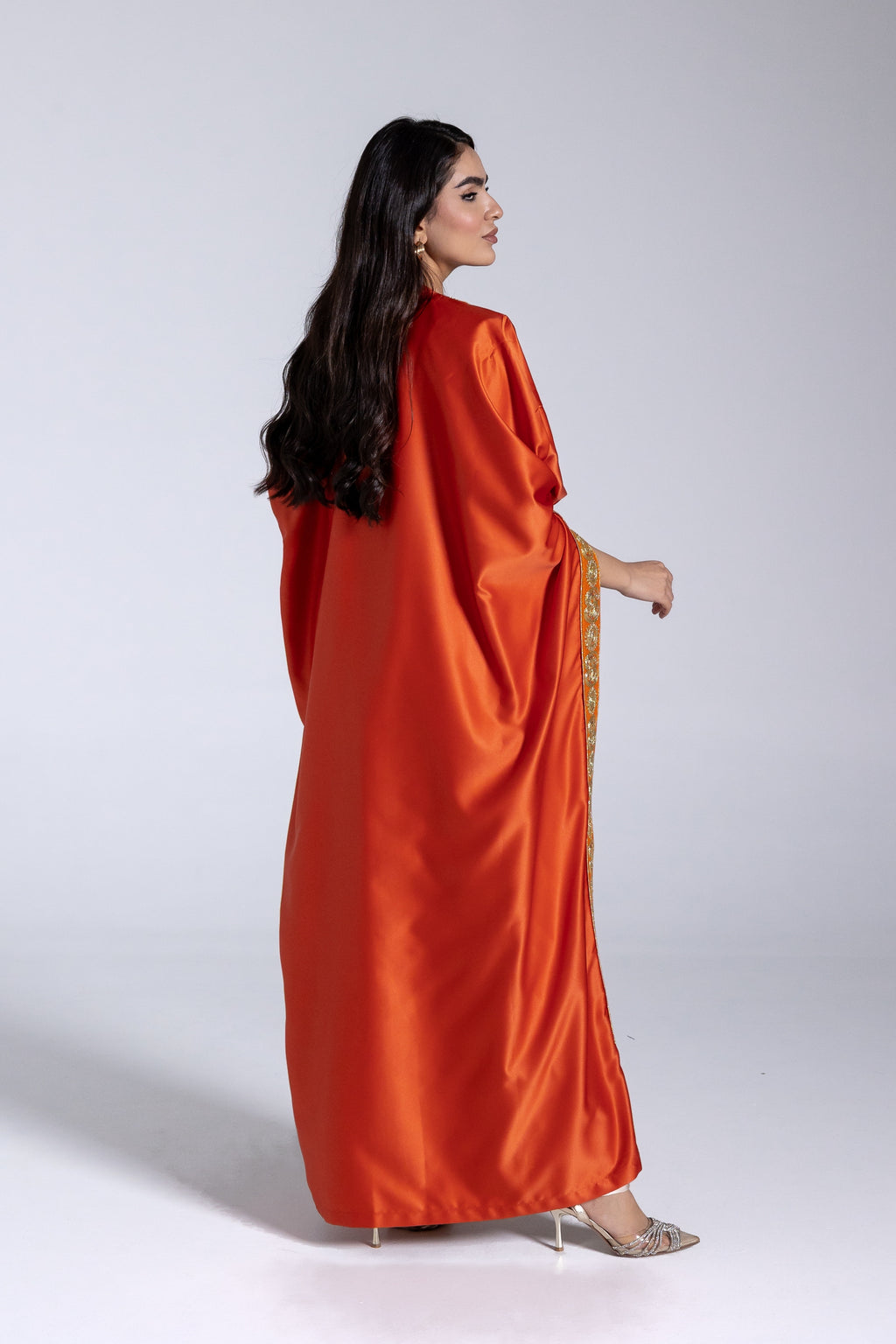 Orange Satin Kaftan With Embroidery