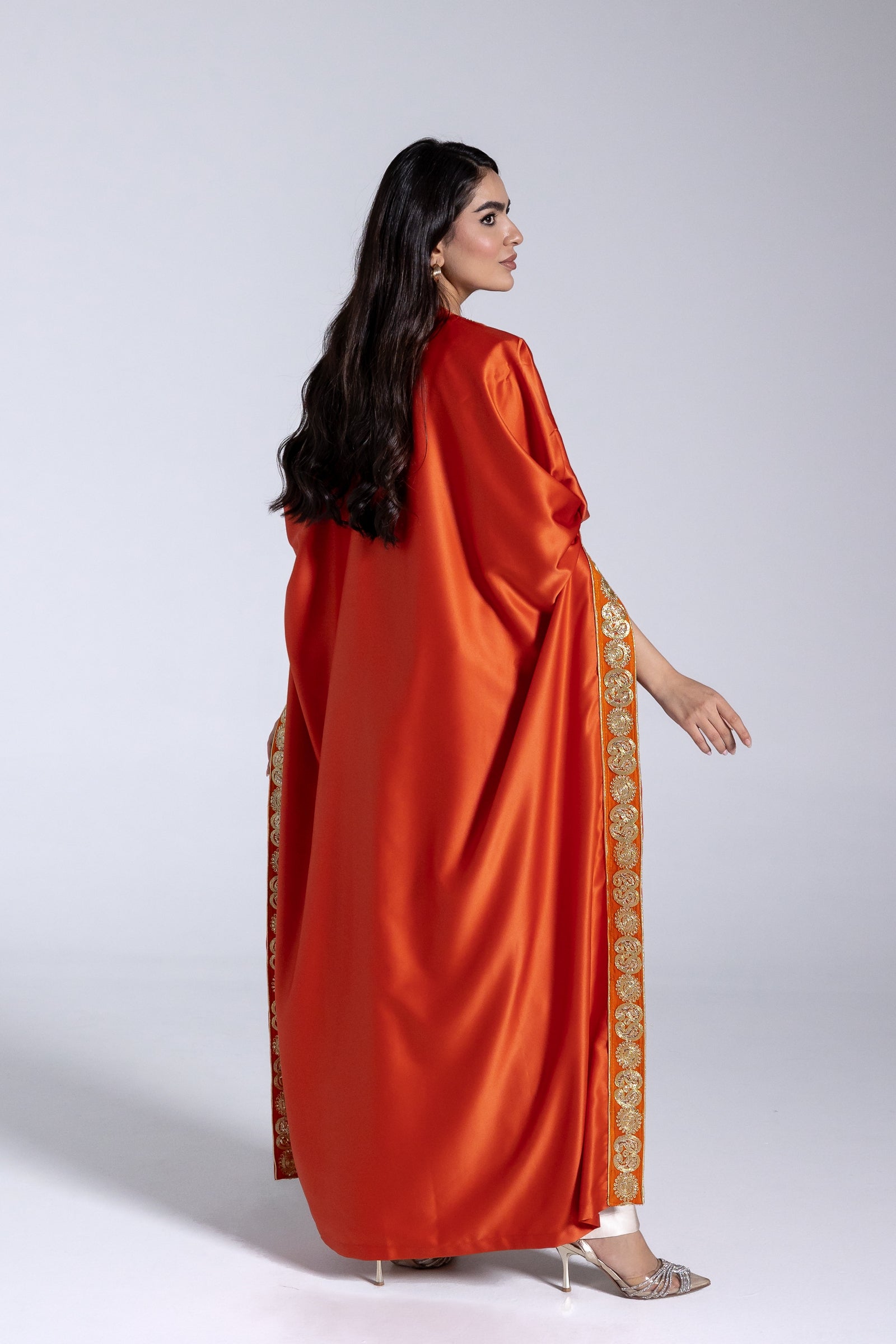 Orange Satin Kaftan With Embroidery