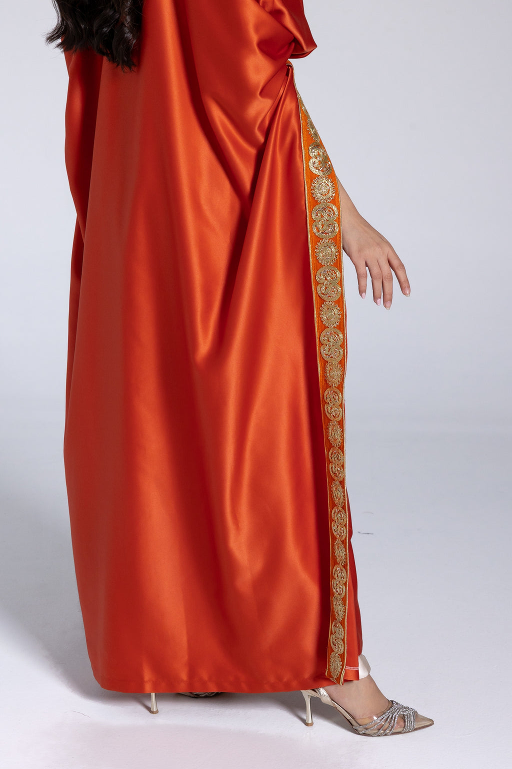 Orange Satin Kaftan With Embroidery