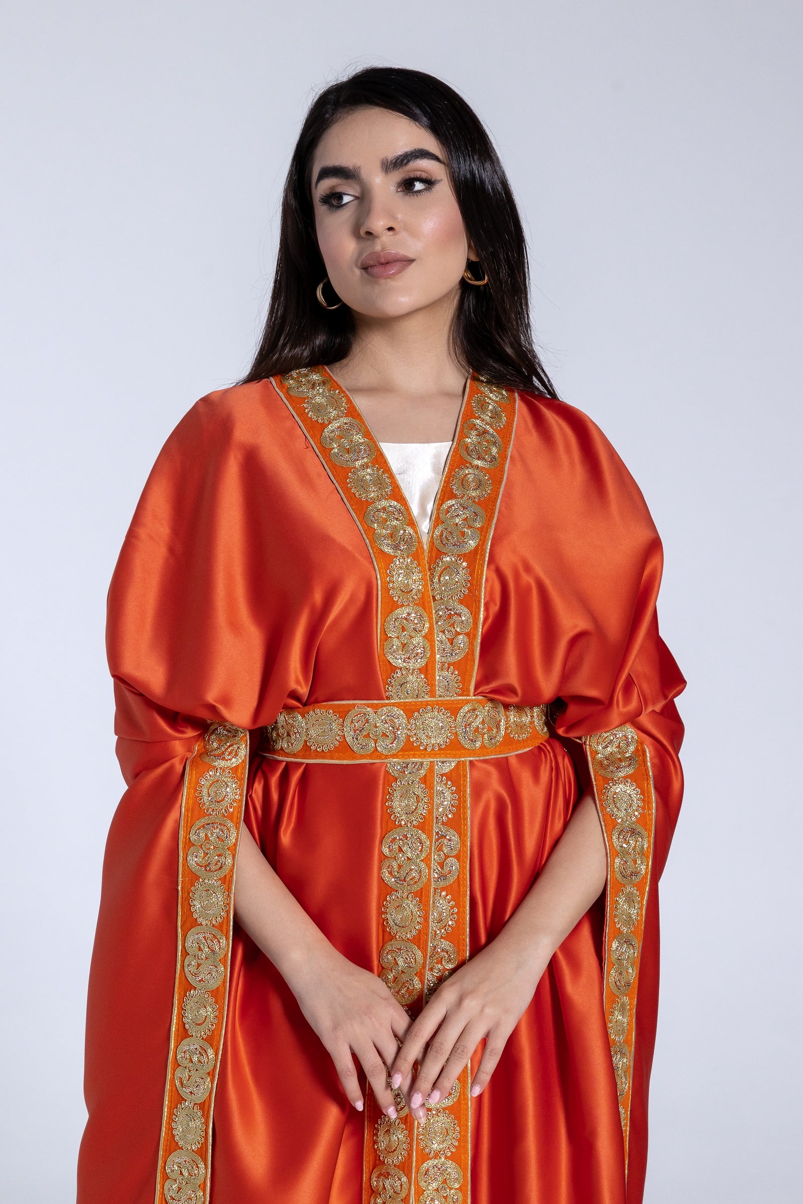 Orange Satin Kaftan With Embroidery
