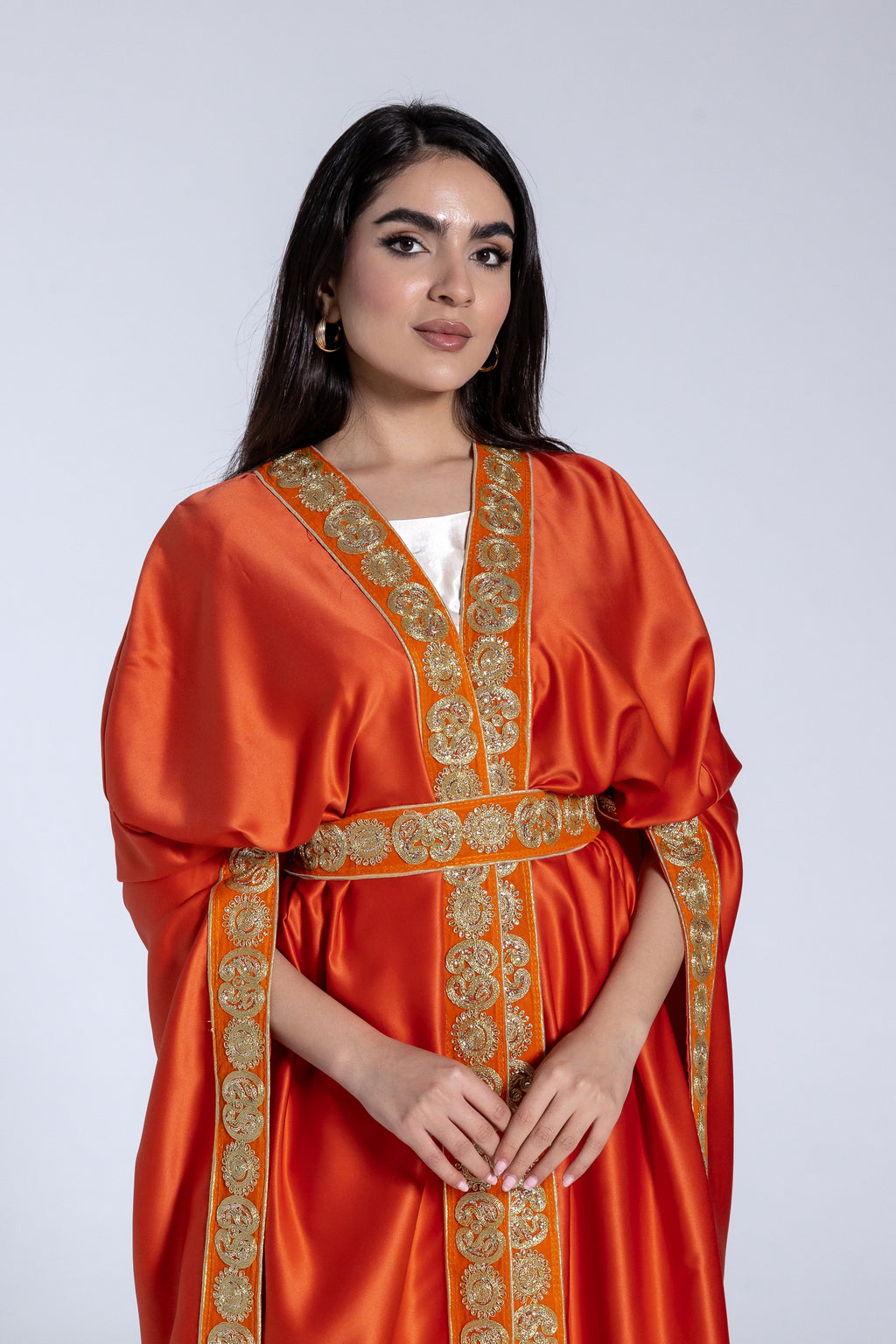 Orange Satin Kaftan With Embroidery