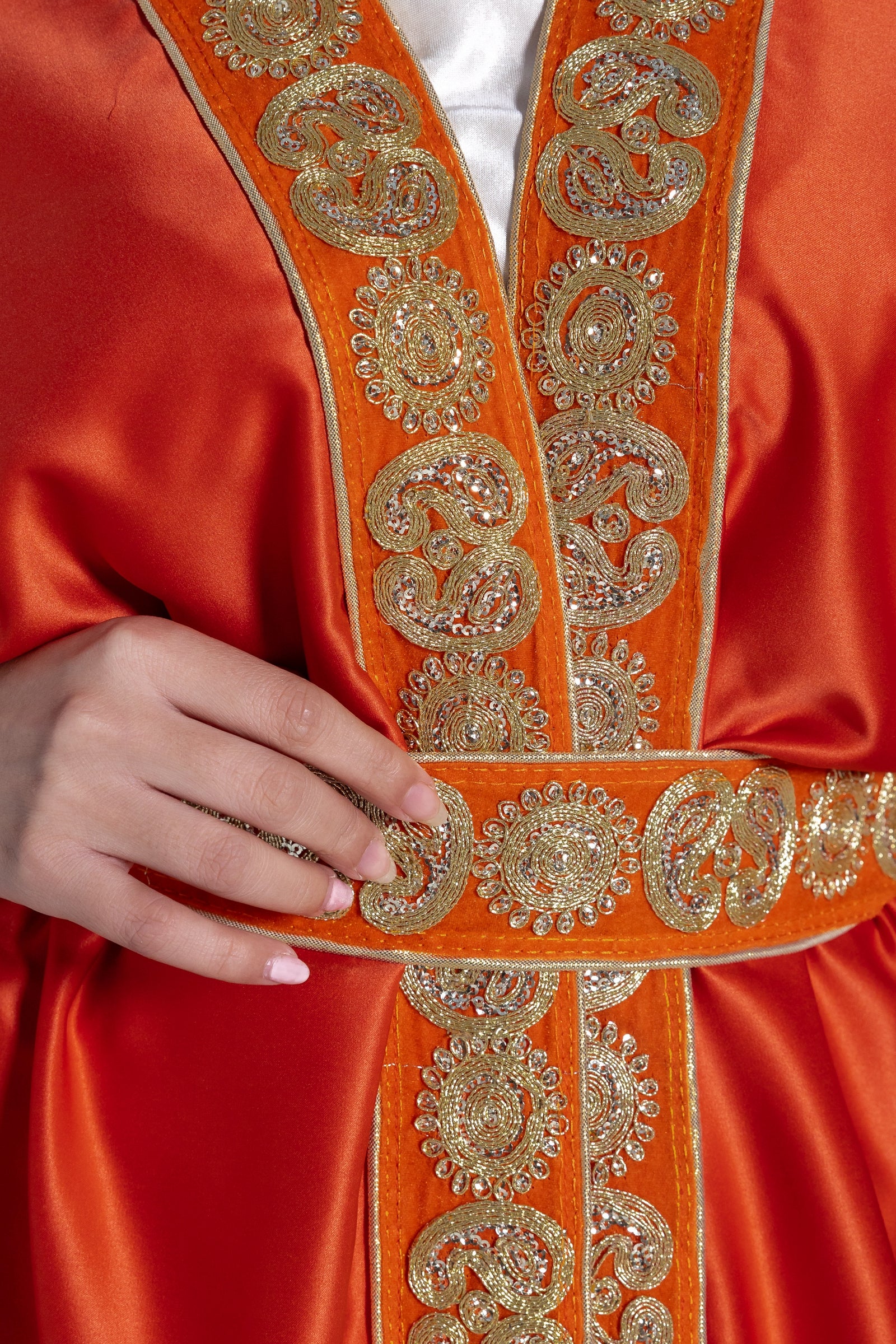 Orange Satin Kaftan With Embroidery