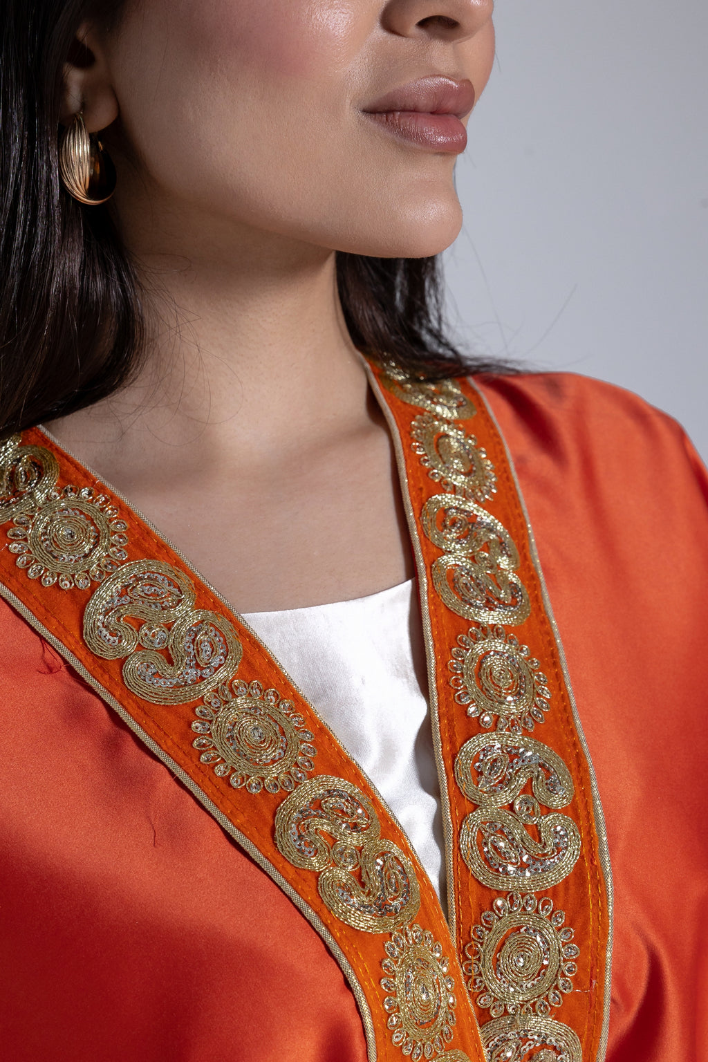Orange Satin Kaftan With Embroidery