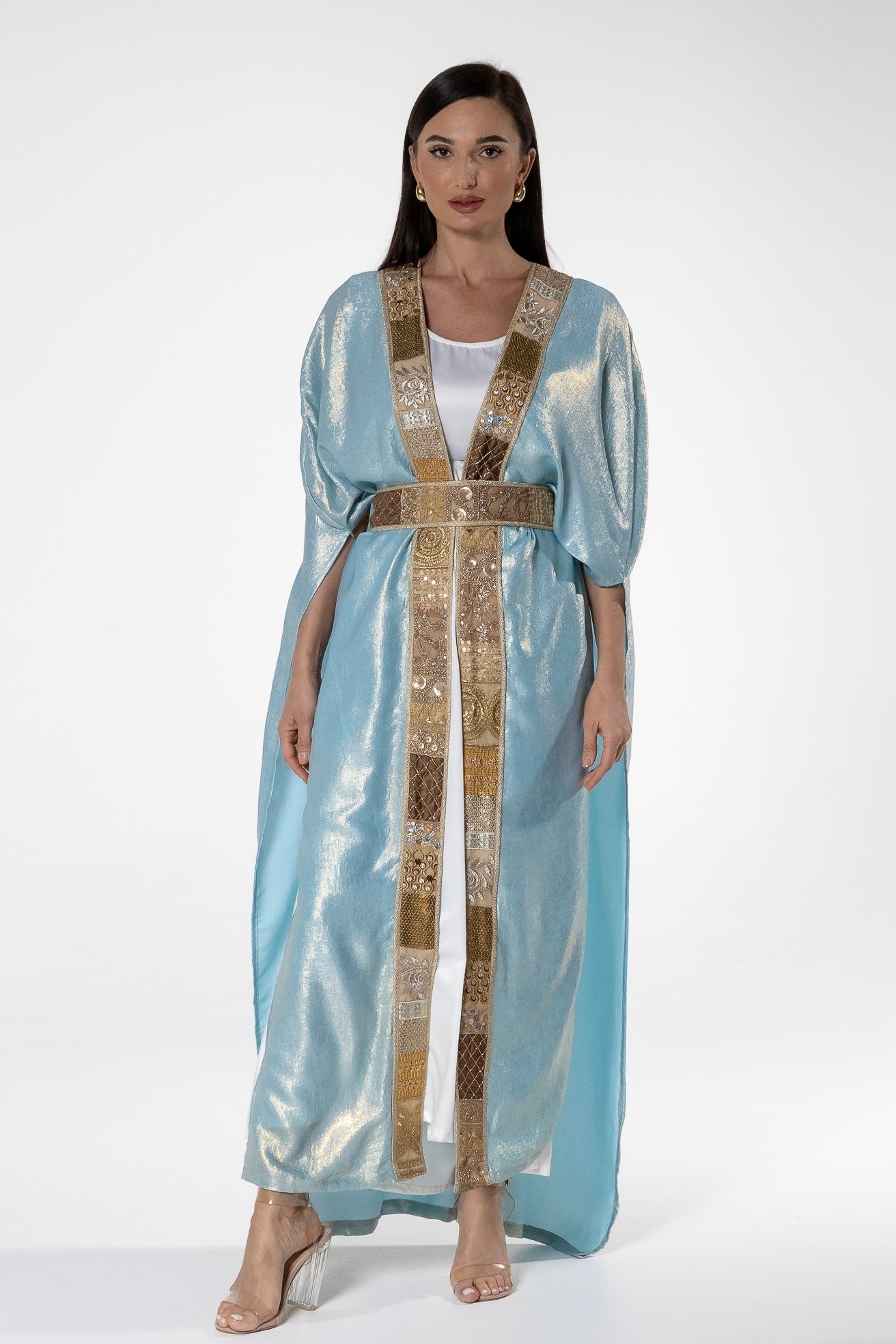 Shimmering Sky Blue Abaya with Gold Detailing