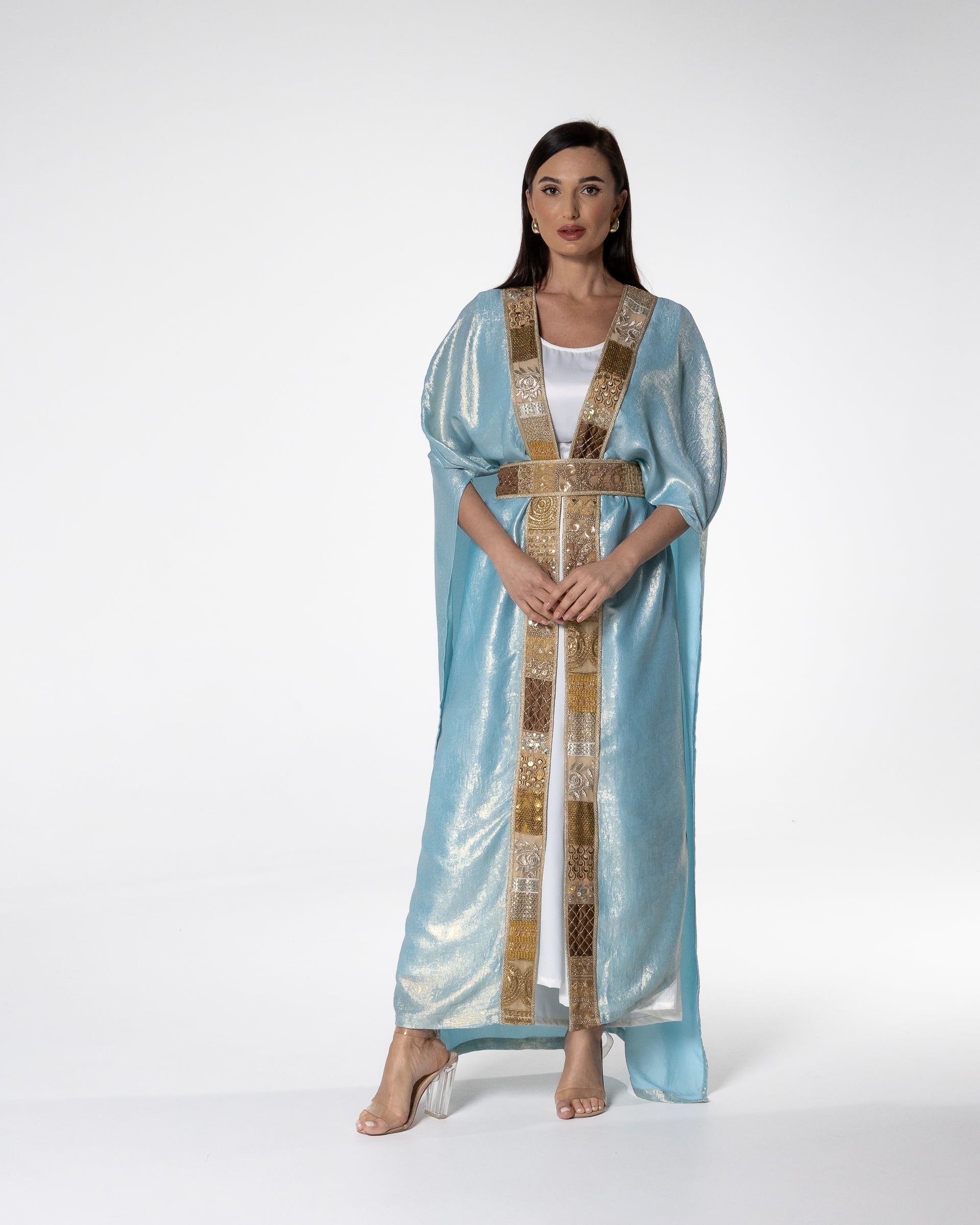 Shimmering Sky Blue Abaya with Gold Detailing
