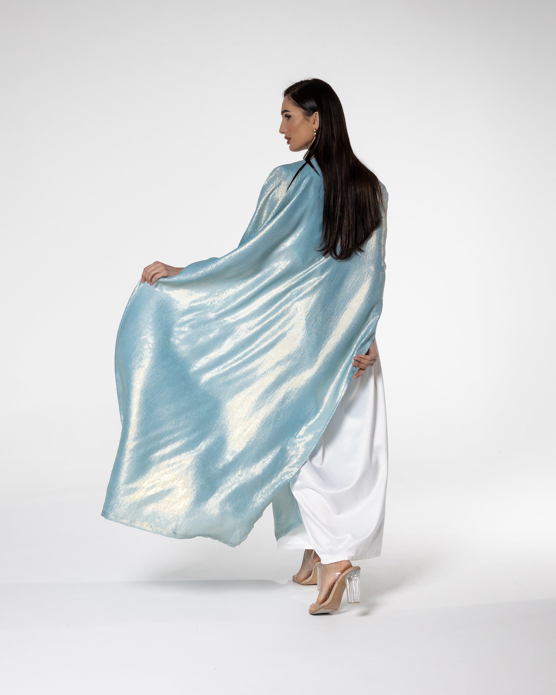 Shimmering Sky Blue Abaya with Gold Detailing