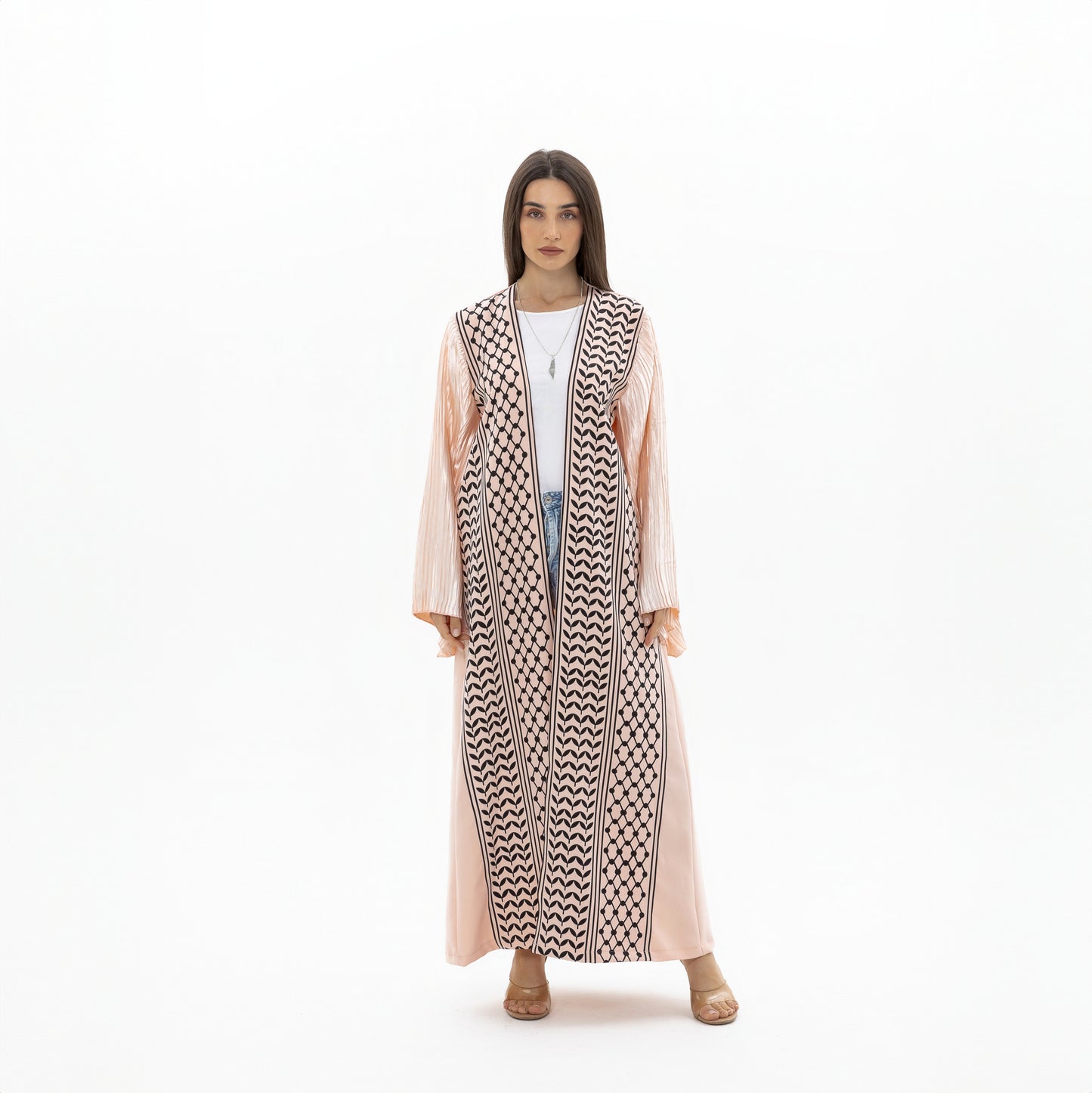 Peach Keffiyeh Abaya with Pleated Sleeves