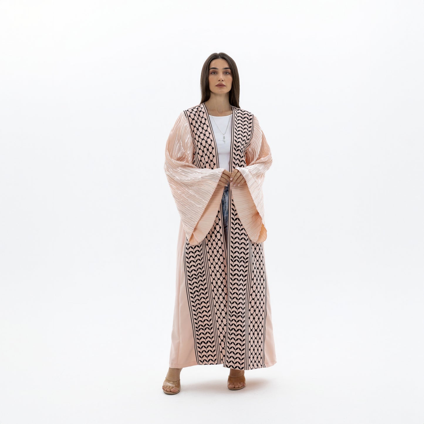 Peach Keffiyeh Abaya with Pleated Sleeves