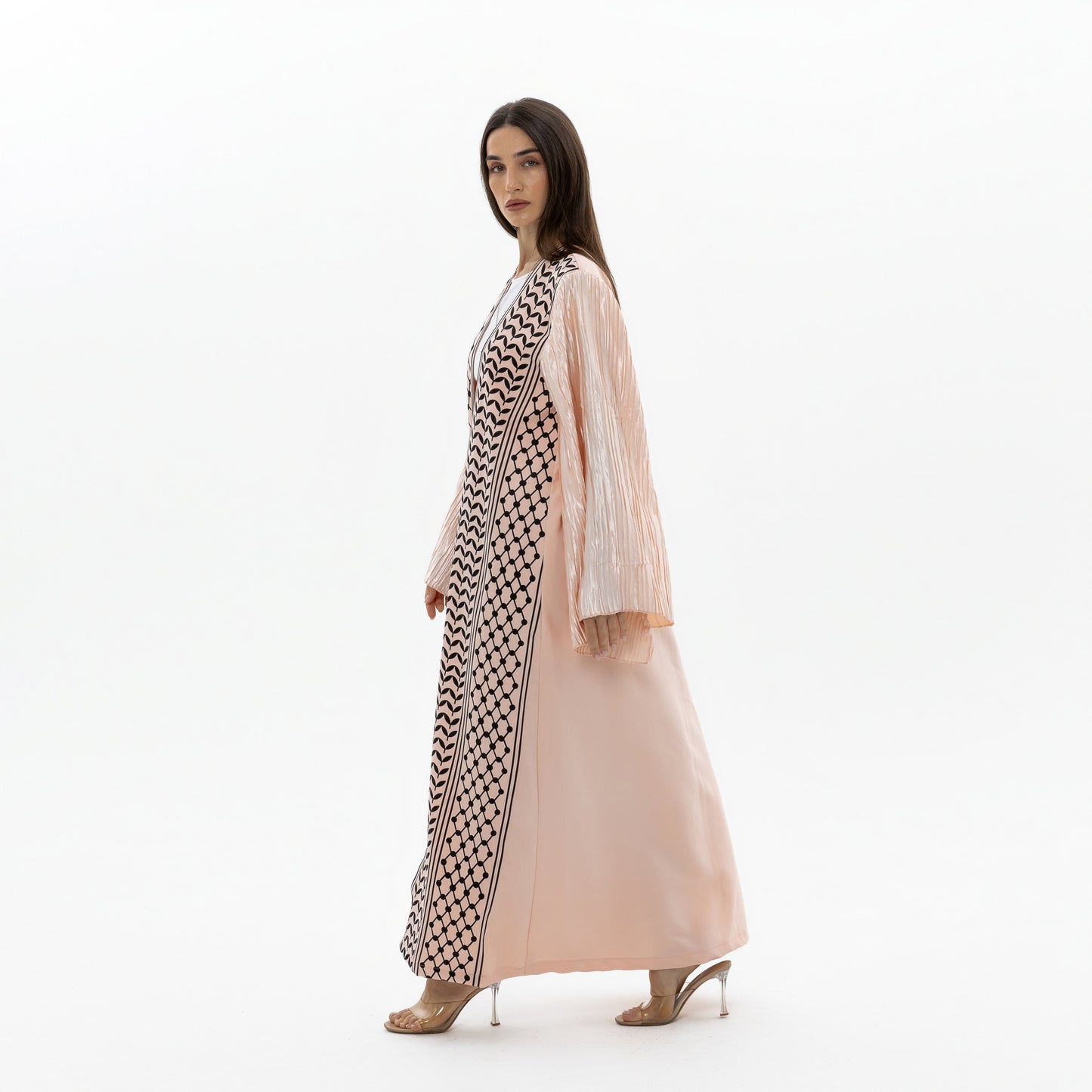 Peach Keffiyeh Abaya with Pleated Sleeves