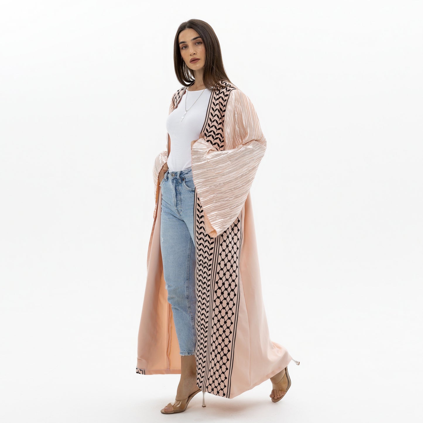 Peach Keffiyeh Abaya with Pleated Sleeves