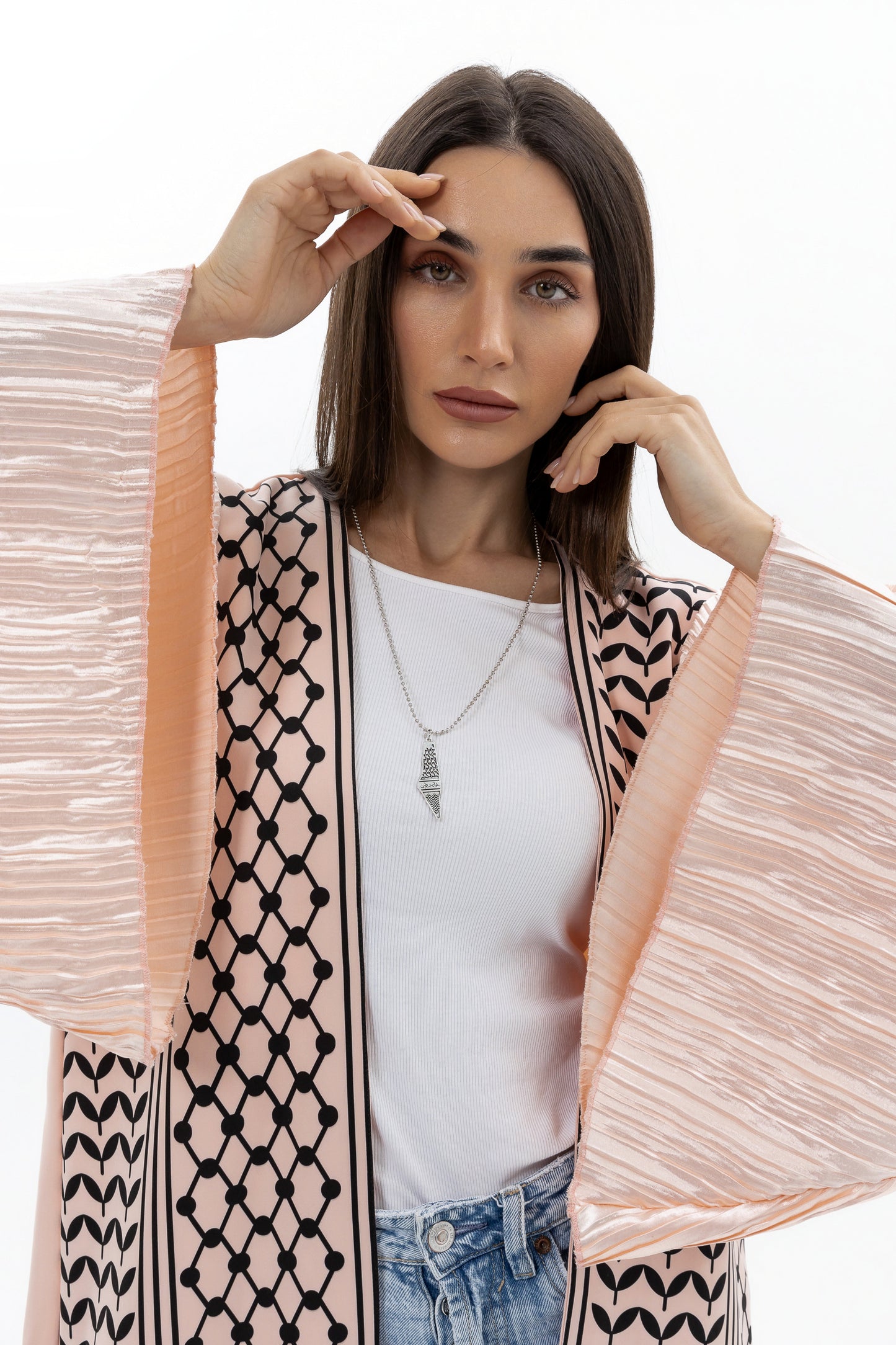 Peach Keffiyeh Abaya with Pleated Sleeves