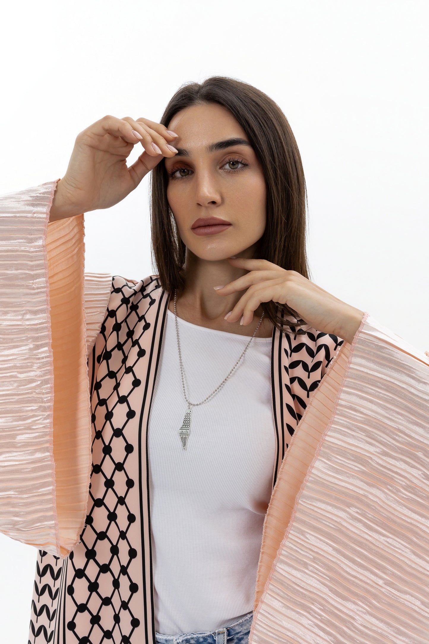 Peach Keffiyeh Abaya with Pleated Sleeves