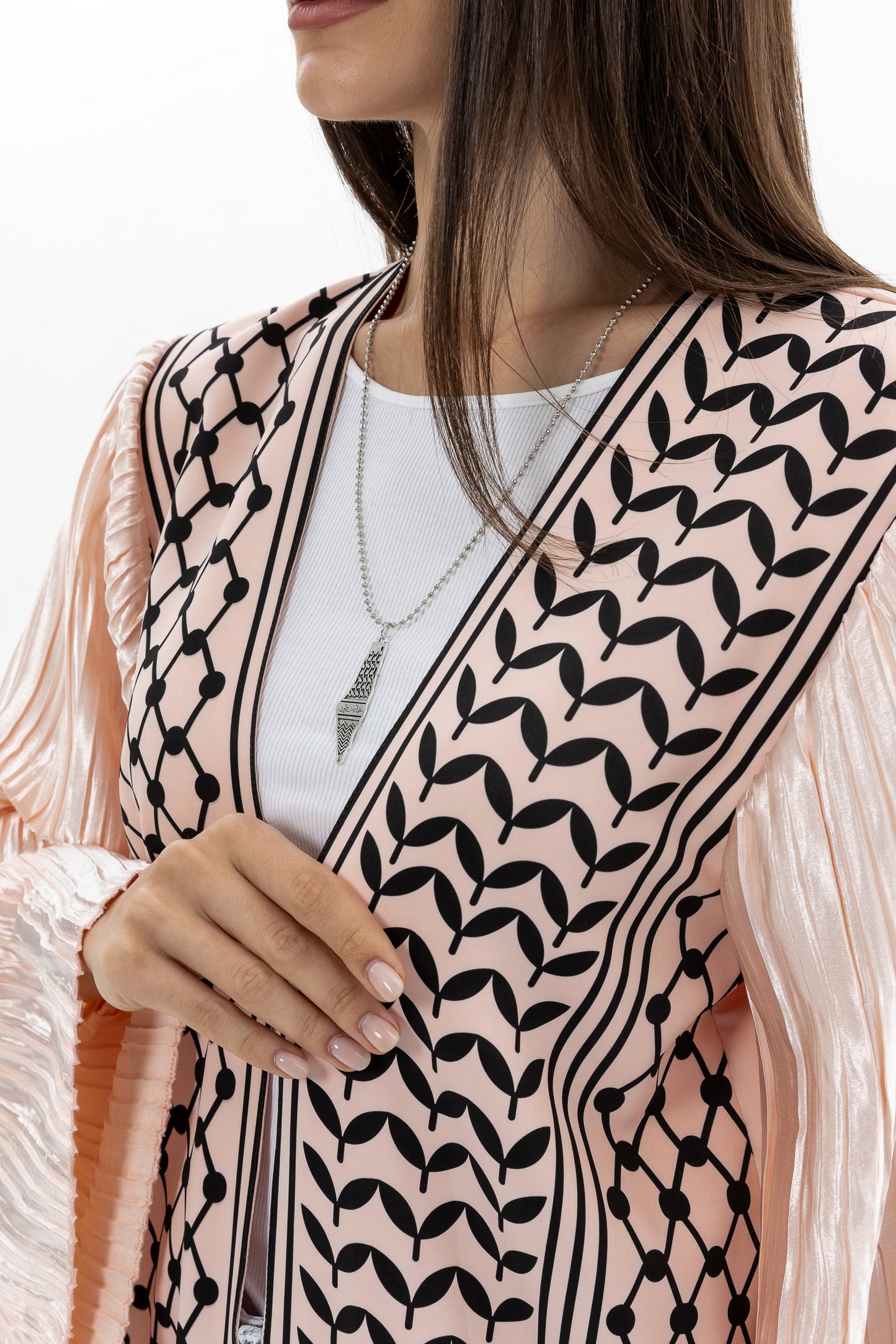 Peach Keffiyeh Abaya with Pleated Sleeves