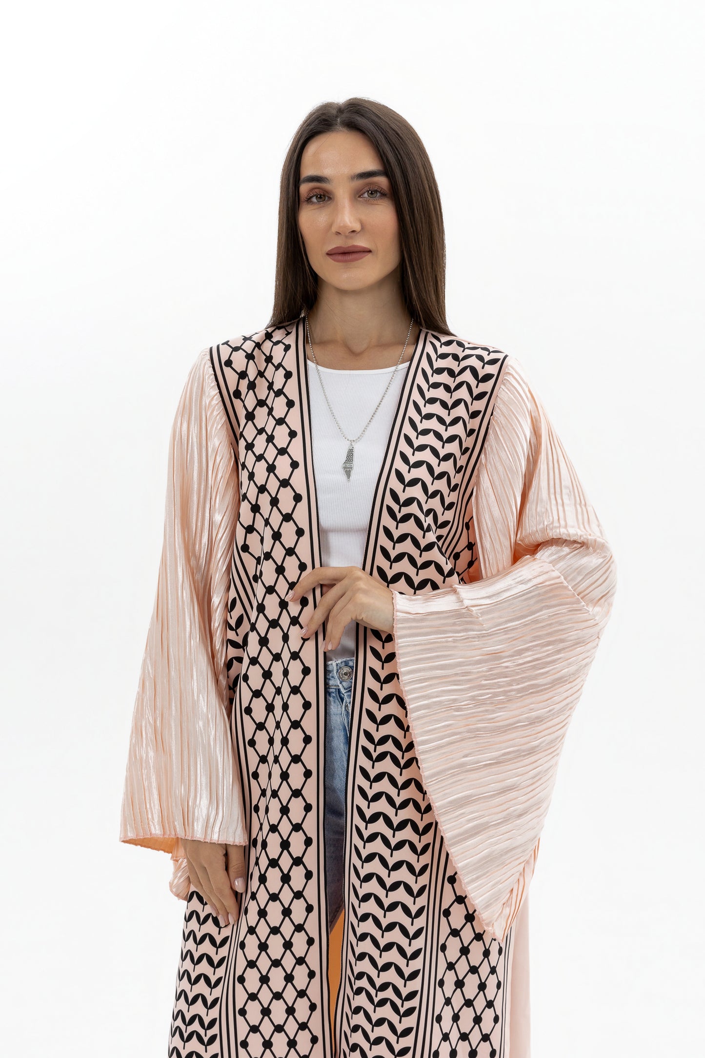 Peach Keffiyeh Abaya with Pleated Sleeves